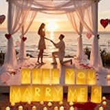 Will You Marry Me Decorations – Romantic Setup Kit with Light Up Letters, 30 Tea Light Candles, 2000 Rose Petals, 10 Balloons – Luminary Bags for Proposal Decoration(W)