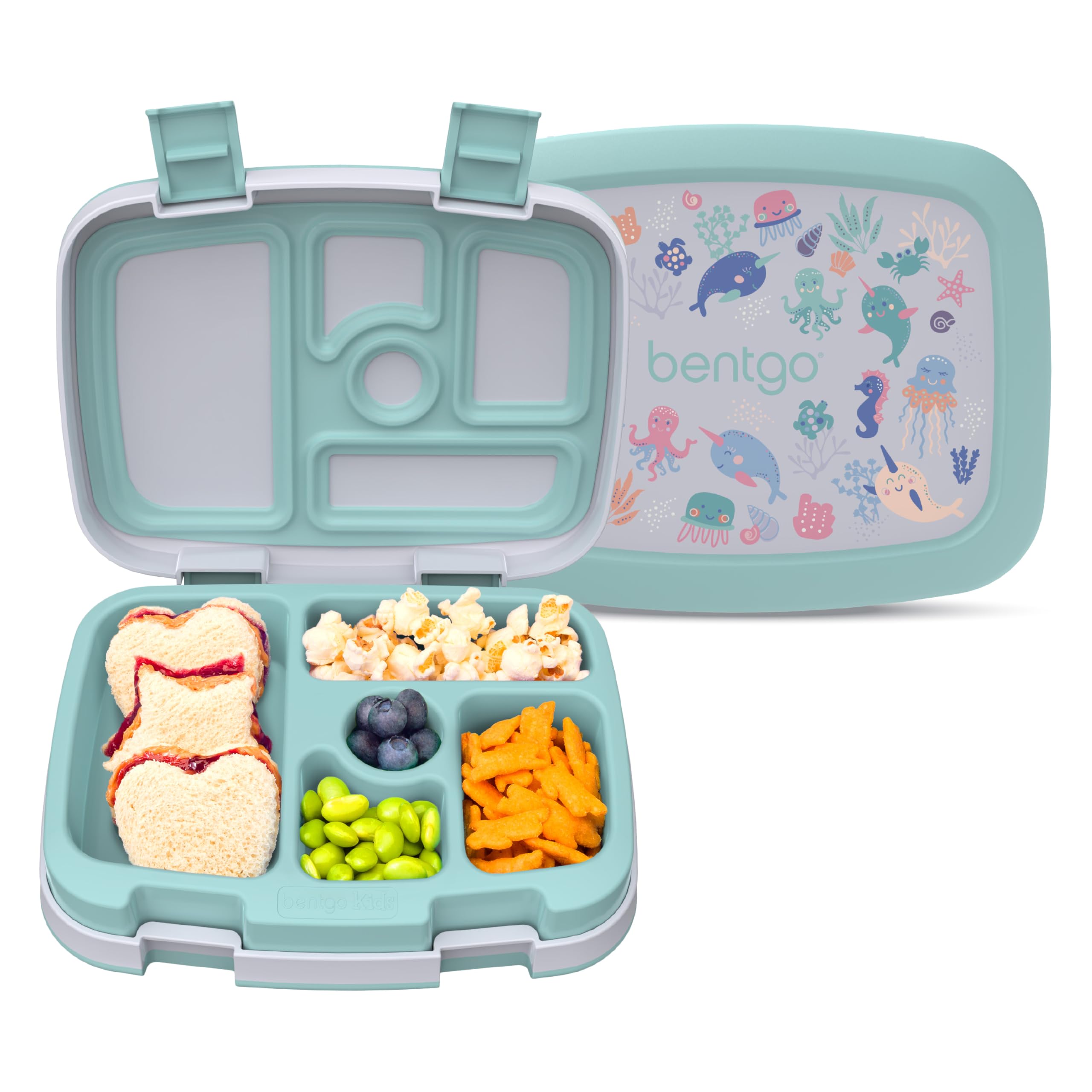 Bentgo Kids Prints Leak-Proof, 5-Compartment Bento-Style Kids Lunch Box - Ideal Portion Sizes for Ages 3-7, Durable, Drop-Proof, Dishwasher Safe, &amp; PFAS &amp; BPA-Free Materials (Sea Life)