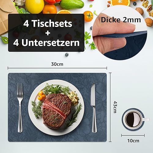 Miniatura 2 de Juego de 4 manteles individuales con 4 posavasos, diseño floral, antideslizantes, resistentes al calor, lavables para cocina y mesa de comedor,