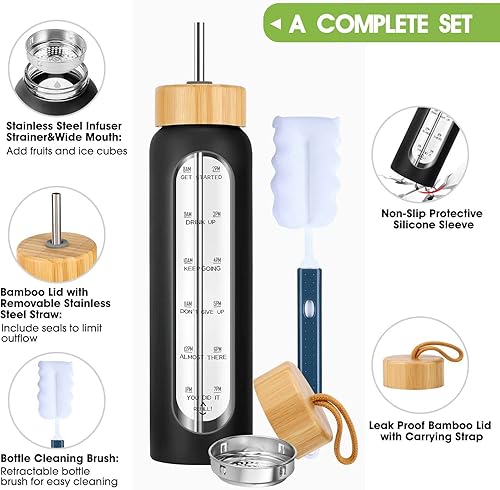 Miniatura 3 de Botella de agua de vidrio de 32 onzas con pajilla, marcador de tiempo motivacional y funda de silicona, vaso reutilizable que incluye 2 tapas de