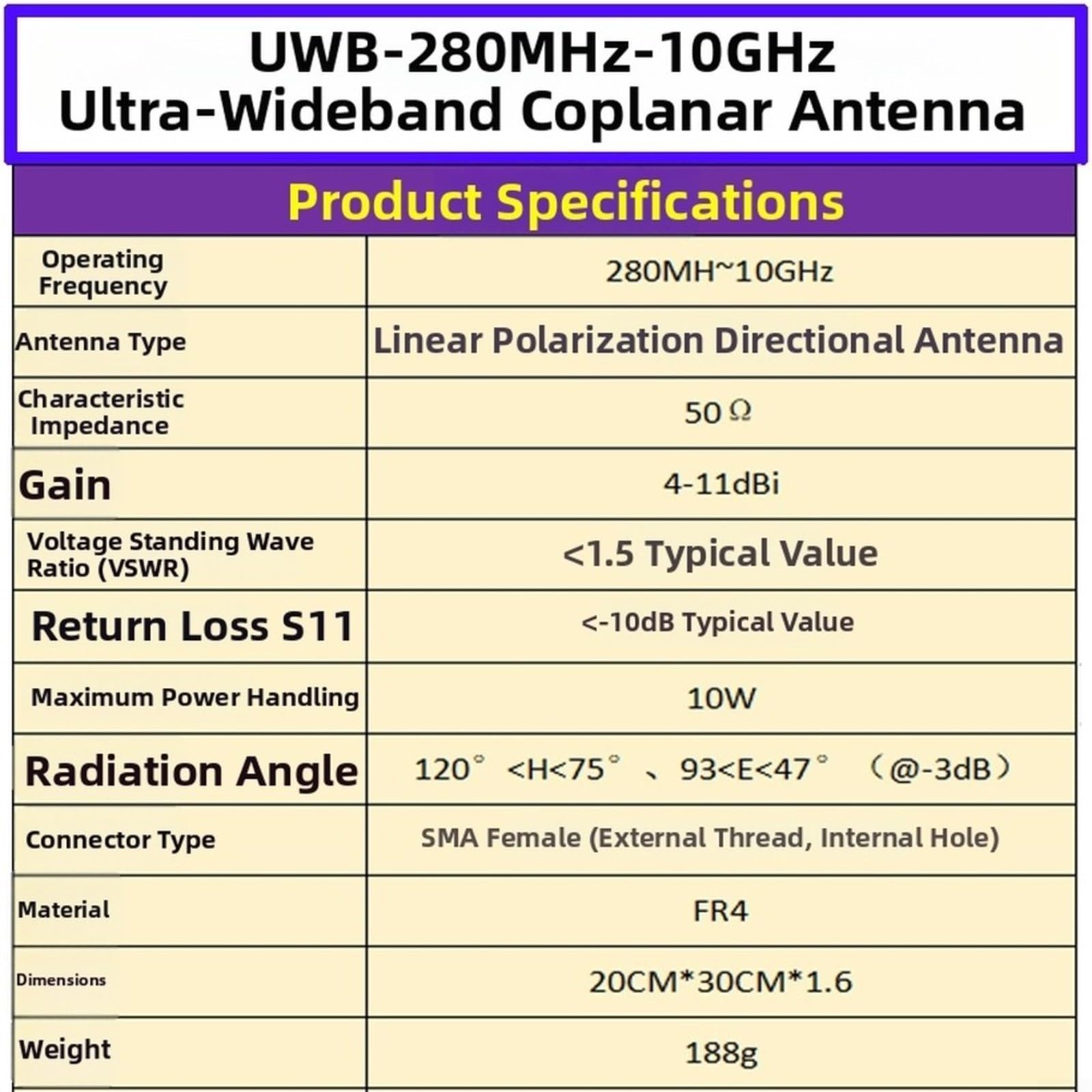 Antenne RF ultra large bande 280 MHz-10 GHz 50 Ohm design coplanaire avec connecteur mâle sma pour test de signal, communication et débogage d'équipement RF