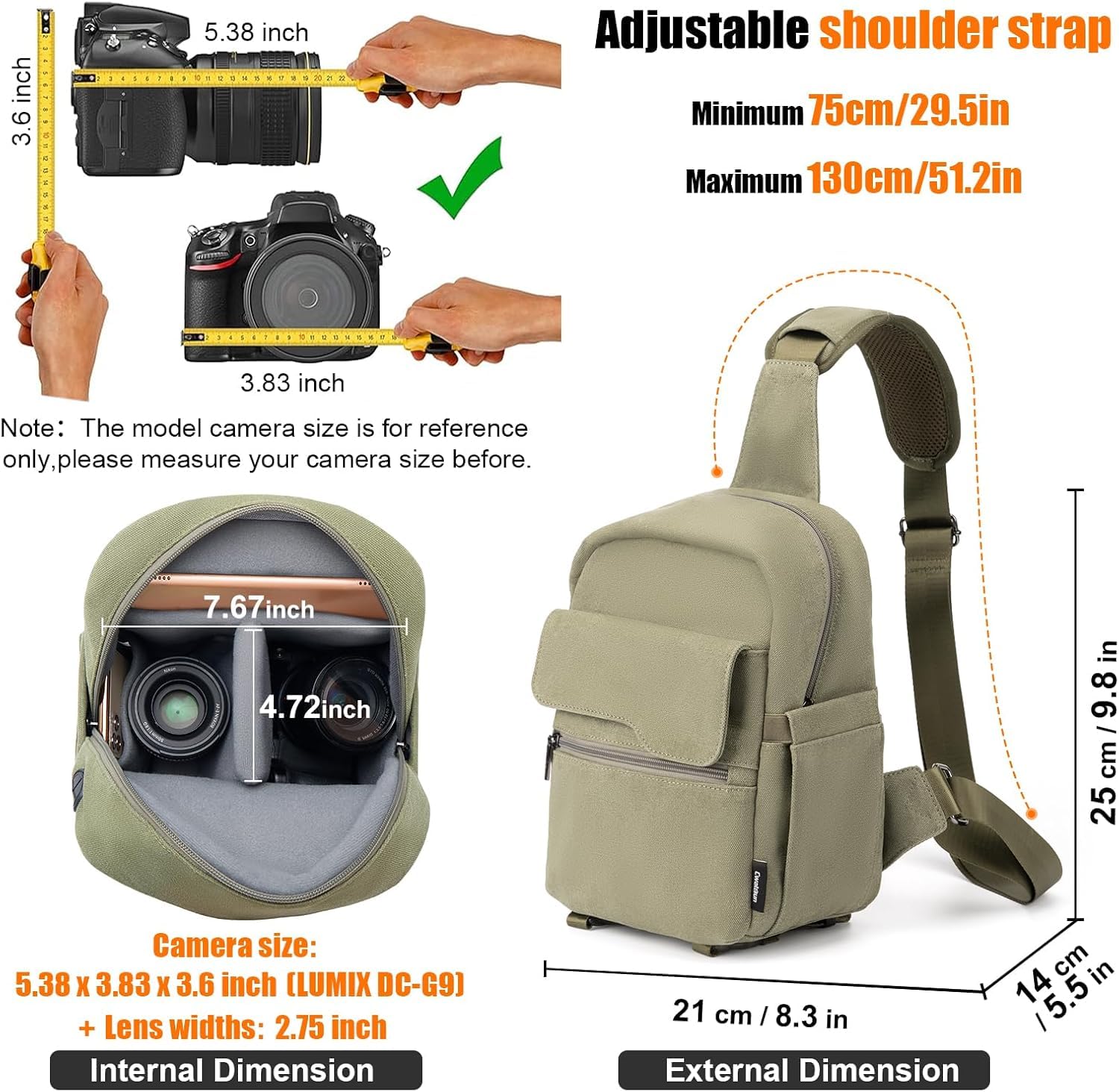 Cwatcun Borsa per fotocamera, borse impermeabili per fotocamera Borsa a tracolla grande, borsa per fotocamera per SLR, SLR/DSLR, fotocamera compatta, fotocamera di sistema e accessori, Verde,L