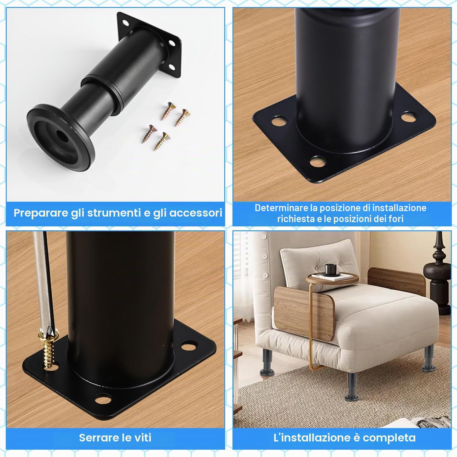 4 Pezzi Piedini Regolabili per Mobili, 8-12cm Gambe per Mobili Nera Regolabili, Gambe per Mobili Piedini per Letto per Gambes di Mobilis su Armadi Tavoli e Divani Inclusi Viti(Nero)