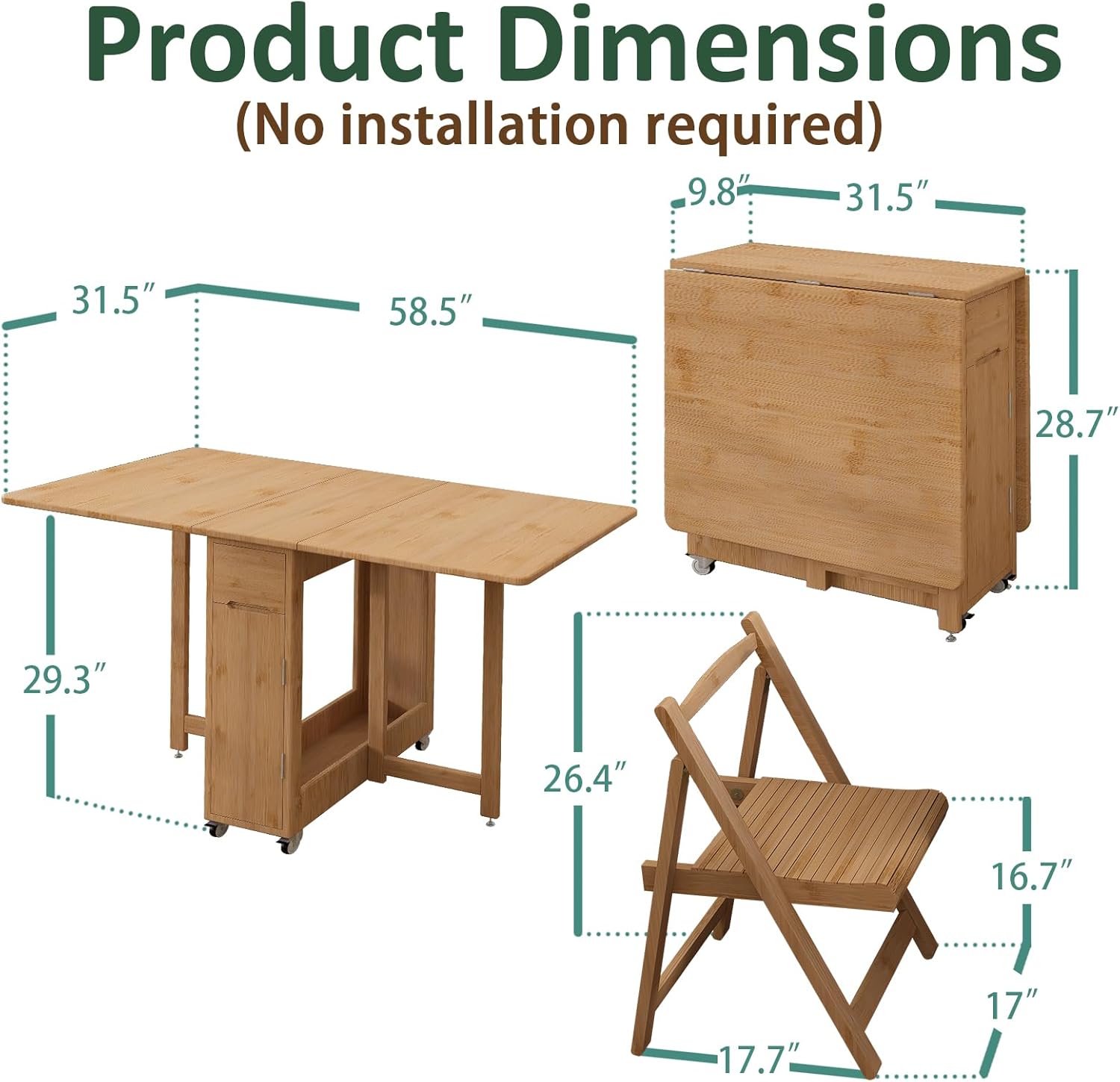 Bamboo Folding Dining Table Set for 4, Extendable Drop Leaf Foldable Table with Lockable Wheels & Storage for Small Spaces Kitchen Dining Room, Collapsible Dinette Expandable Rectangle (Wood)