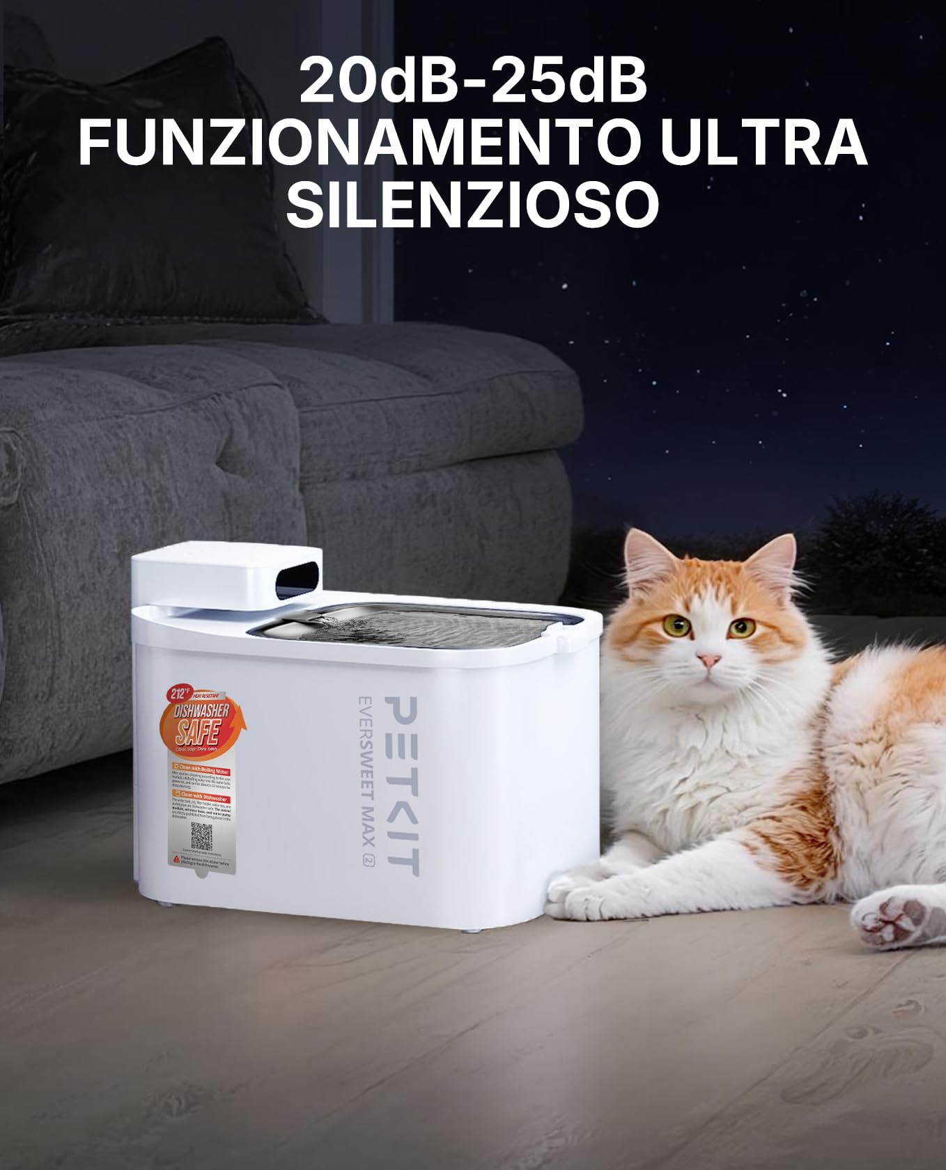 PETKIT EVERSWEET MAX 2 Fontanella per Gatti Senza Fili, 3L Fontana per Gatti con Sensore, Lavabile in Lavastoviglie, 25dB Ultra Silenziosa, Controllo App Intelligente, 5000 mAh Grande Autonomia