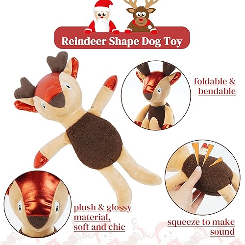 Miniatura 3 de Kuoser Paquete de 2 juguetes chirriantes de Navidad para perro juguetes de peluche para mascotas lindo Papá Noel y reno para masticar perros