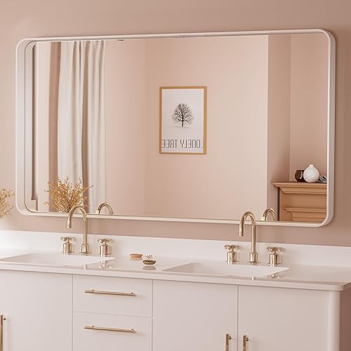 Miniatura 216 de TETOTE Espejo de 60 x 36 pulgadas para baño, espejo de tocador dorado de latón cepillado, espejo de pared grande rectangular con marco de metal Oro