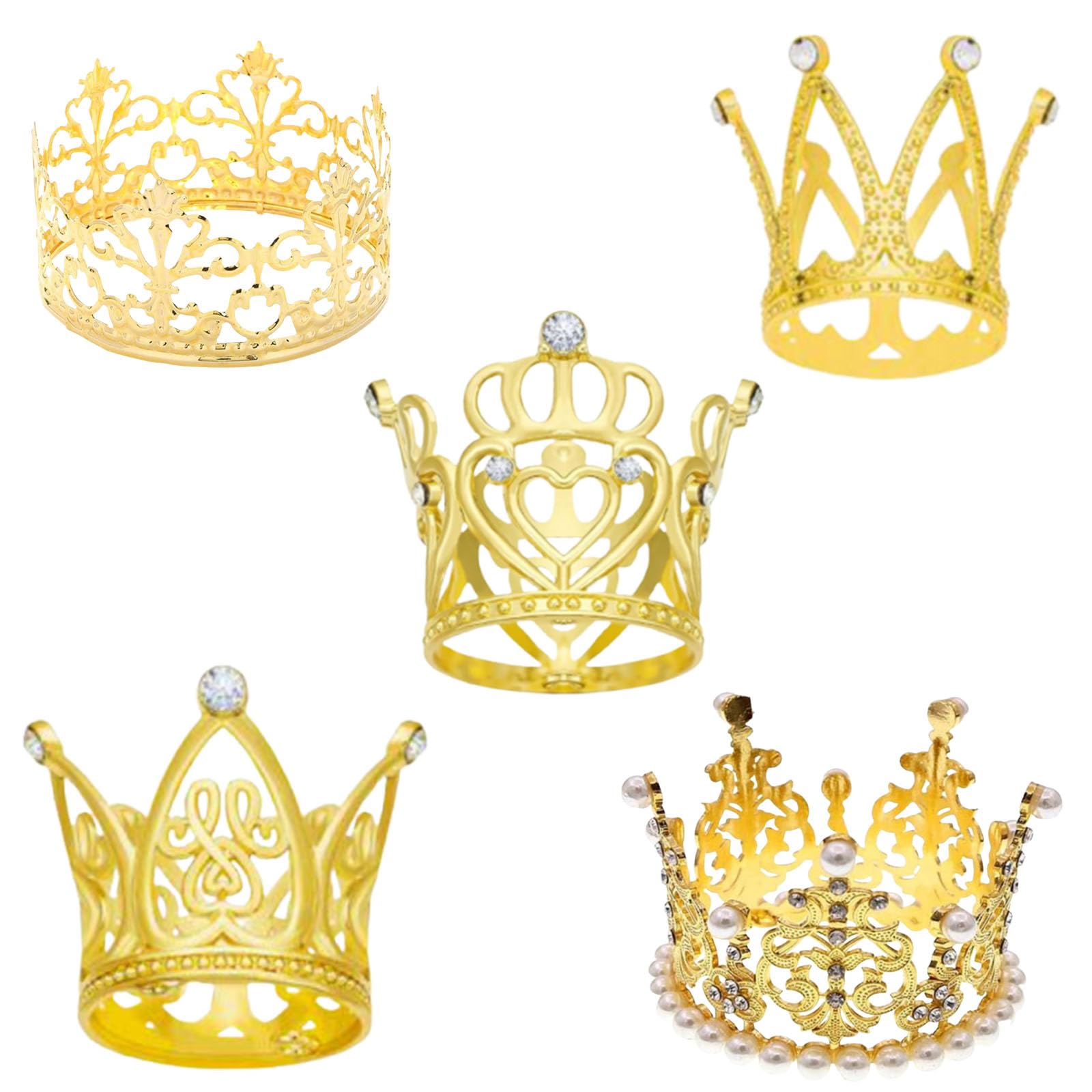 5Pcs Crown Cake Topper, Gold Crown Adornment, Mini Birthday Cake Decorations, Princess Pearl Crown for Birthday Party Decoration Accessory Baby Shower Party Supplies