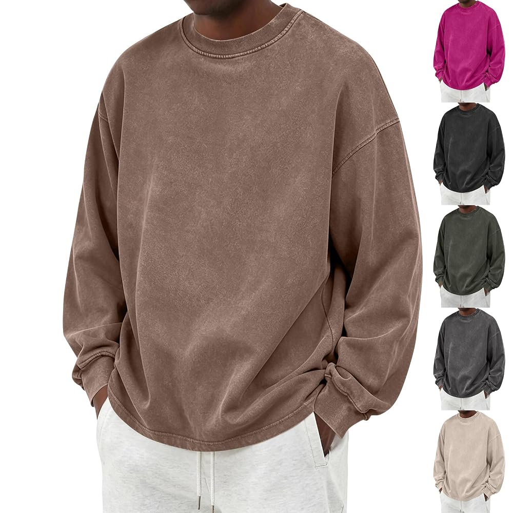 Mens Crewneck Sweatshirts Vintage Washed Distressed Sweatshirt