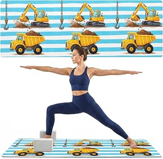 Cute Mini Car Yoga Mat with Carry Strap & Shortage Bag Hookup Excavator Sky Blue Stripes Non Slip Soft Workout Pilates HIIT Fitness Mat for Home Gym Floor Travel Exercise