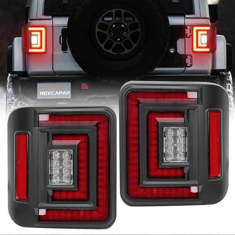 Lanternas traseiras LED NOVCAPAR com freio, ré, seta e luz de posição para Jeep Wrangler JL 2018–2025 – Par