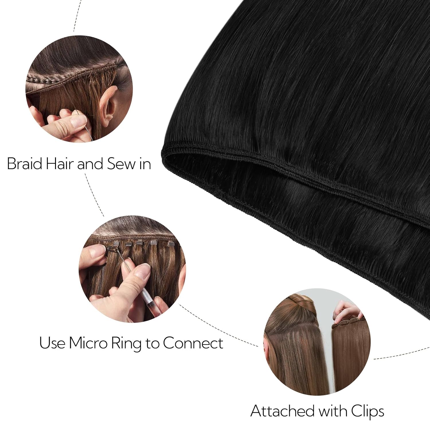 HOTBANANA Sew in Hair Extensions Real Human Hair, 14inch 80g Weft Hair Extensions Jet Black Sew in Hair Extensions Straight Remy Human Hair Weft Hair Extensions Full Head