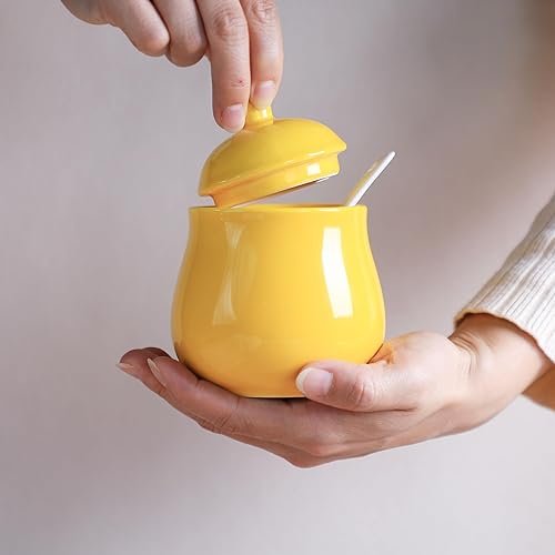 Miniatura 3 de FUYU Tarro de cerámica para especias con tapa y cuchara, caja de condimentos para condimentos