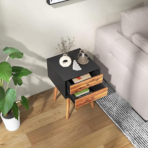 Miniatura 2 de GIANTEX - Mesa auxiliar con cajones y almacenamiento, mesa auxiliar de madera estilo Mid Century multiusos para dormitorio, sala de estar, muebles