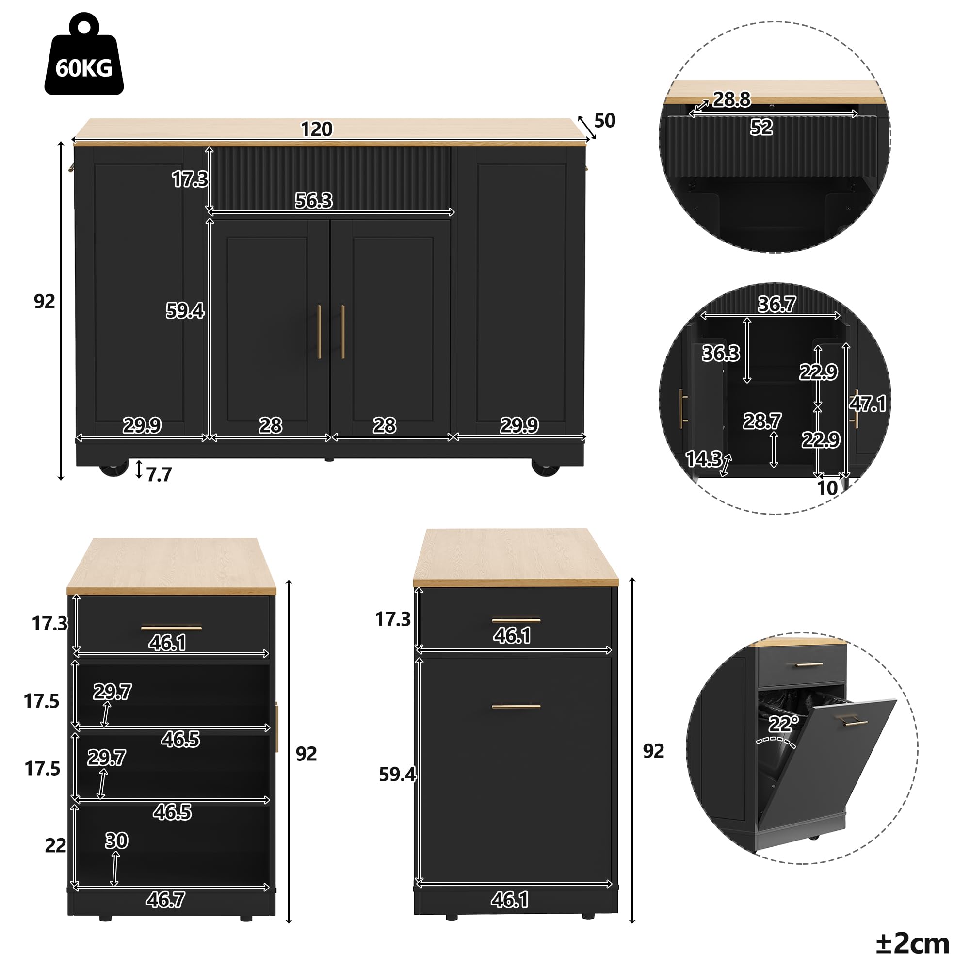 Isla de Cocina, Armario de Cocina, 120 x 50 x 92 cm, Carro de Servicio, con Compartimento para Cubo de Basura, Estantes Ajustables, Dos Puertas y TRES Cajones (Negro)