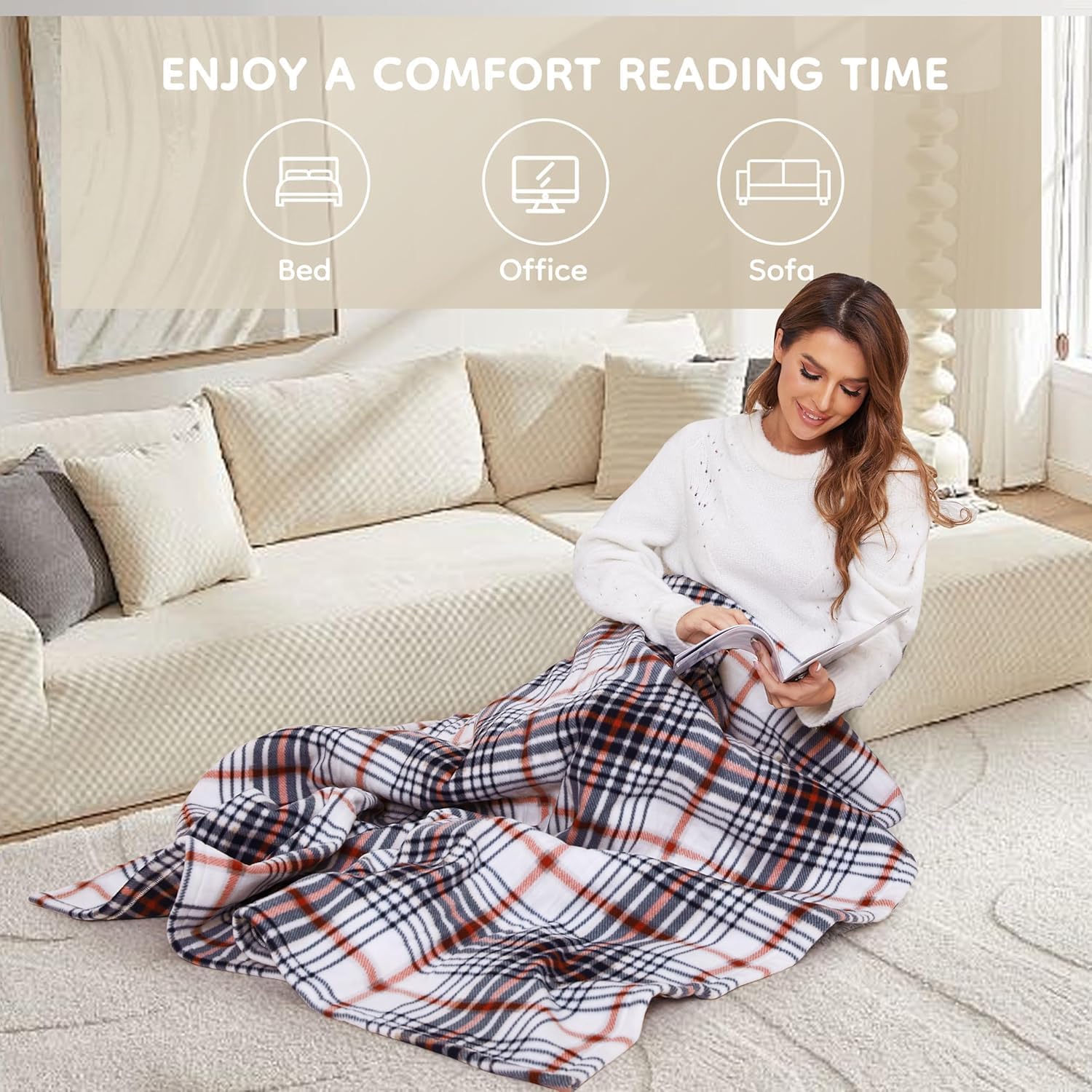 Electric Heated Blanket Throw Size - 50"x60", Soft Flannel Heating Blanket, 4 Heating Levels, 3 H Auto Shut Off, Breathable Warm and Washable for Sofa, Blue-White-Red Plaid - Image 2