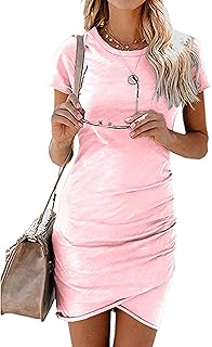Women's 2025 Summer Casual Beach Dresses Crew Neck Short Sleeve Wrap Party Club Mini Ruched Bodycon T Shirt Dress - Buy now