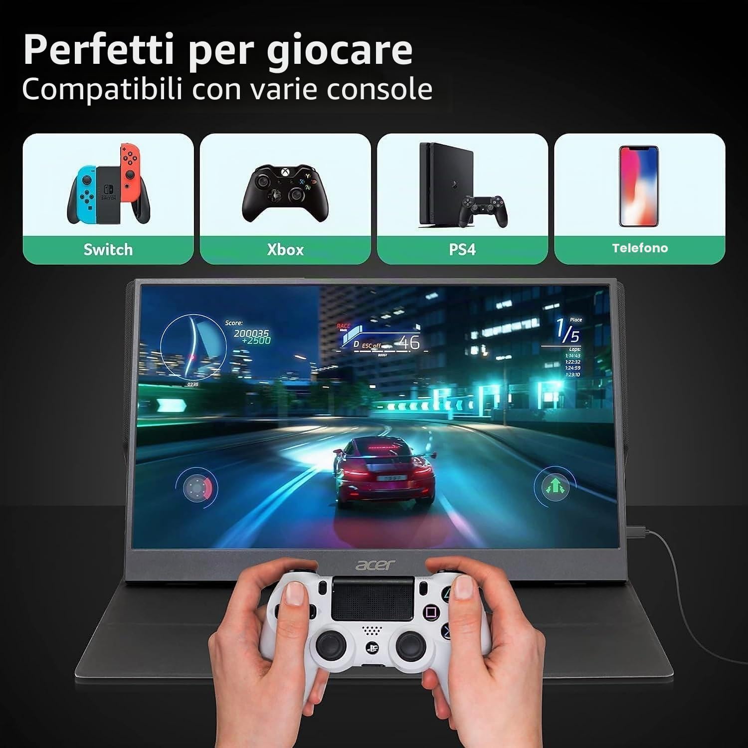 Acer Monitor portatile FHD PM1 da 15,6 pollici | Pannello IPS | Design ultrasottile e ultraleggero | Mini HDMI x 1 e USB Type-C x 2 ingressi