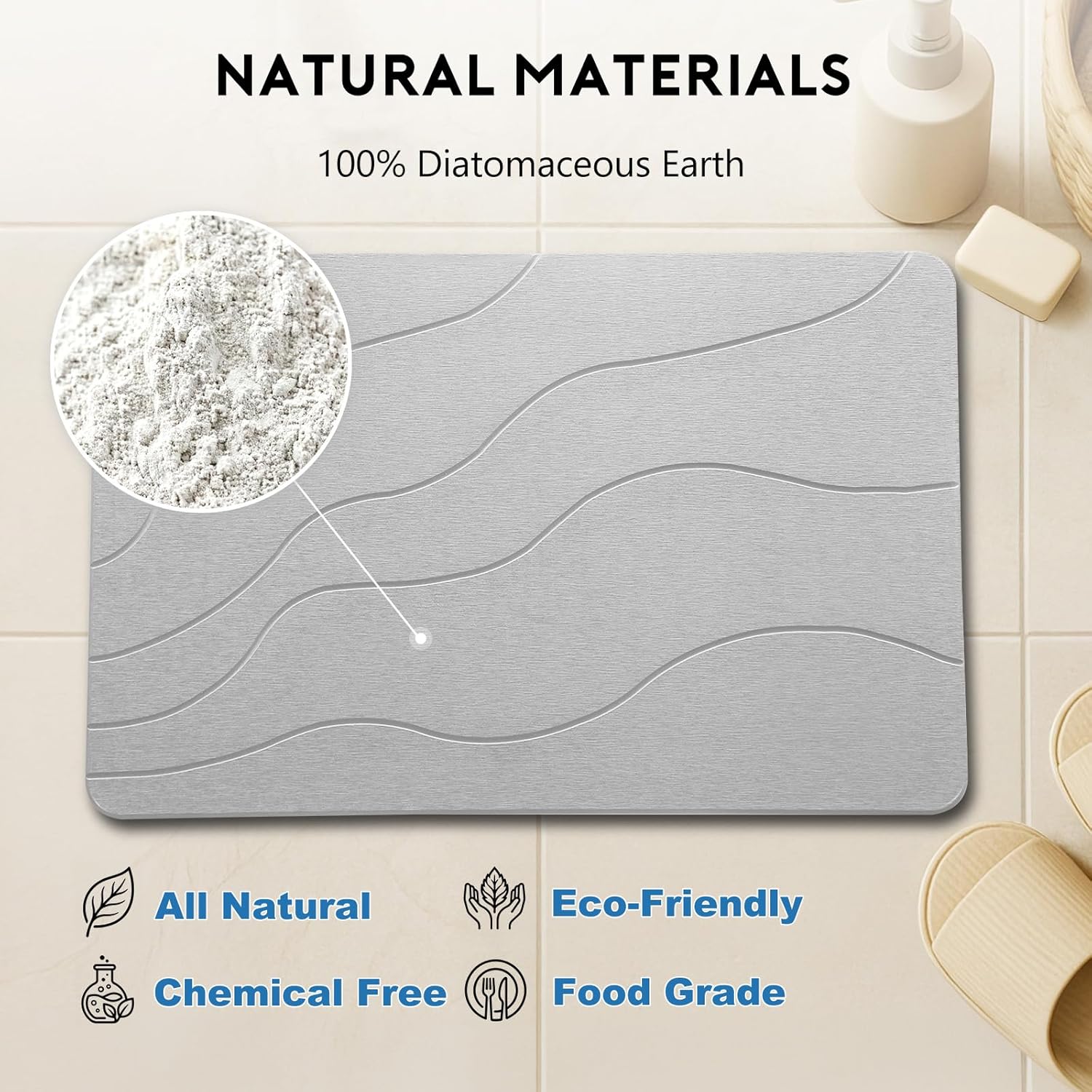 Stone Bath Mat, Quick-Dry Diatomaceous Earth Shower Mat, Absorbent Bathroom Mat for Shower/Tub Exit, New Apartment Essential & Housewarming Gift, 23.5" x 15.5" Light Gray Wave