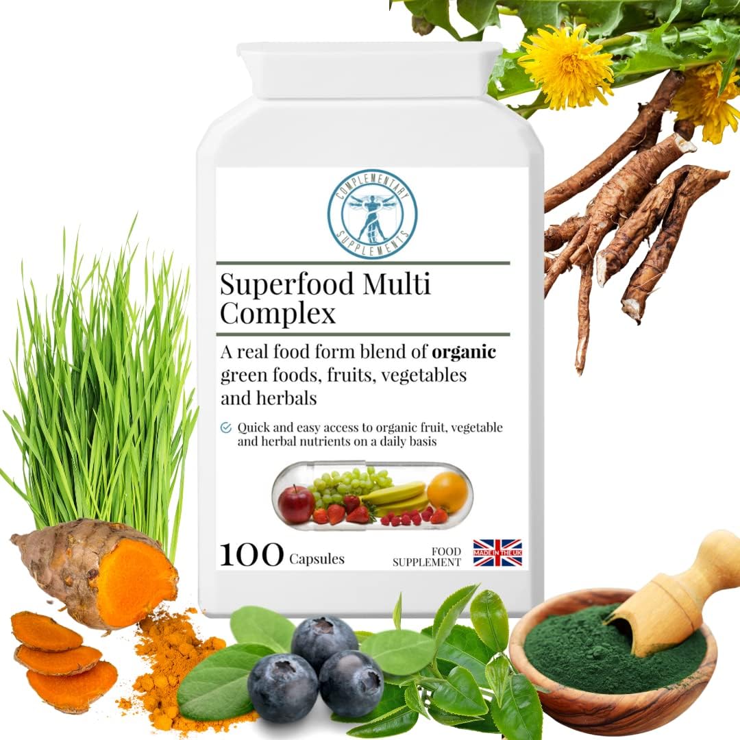 Organic Superfood Multi Complex – Wholefood Nutrition – Chlorella, Spirulina, Turmeric, Kelp, Organic Herbs, Vegetables, Fruits + Digestive Enzymes – 100 Capsules