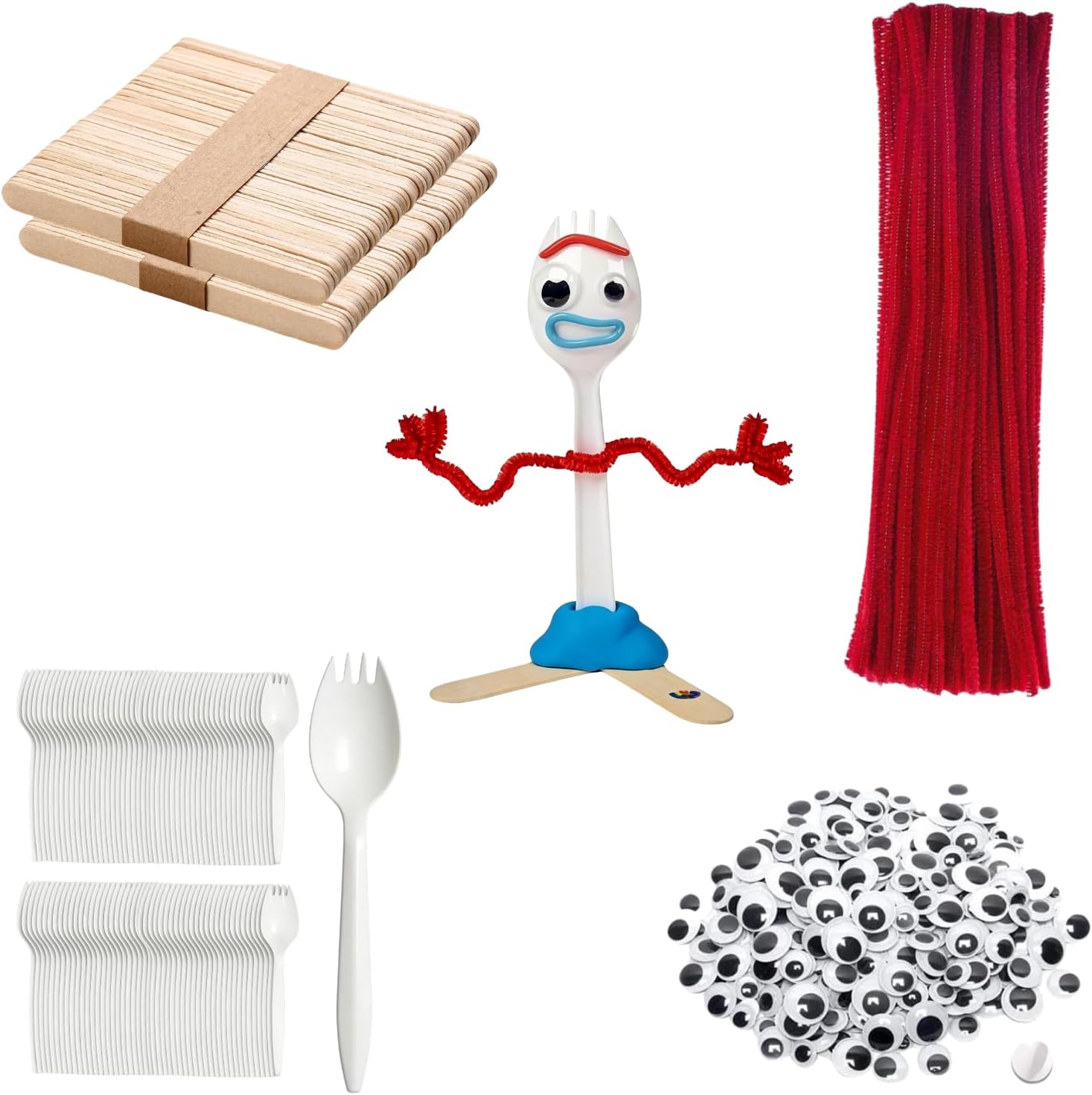 KAISHANE Fork Creativity Set, 100 Sets Forky DIY Creative Crafts Pack Plastic Sporks Red Pipe Cleaners Googly Eyes Popsicle Stick