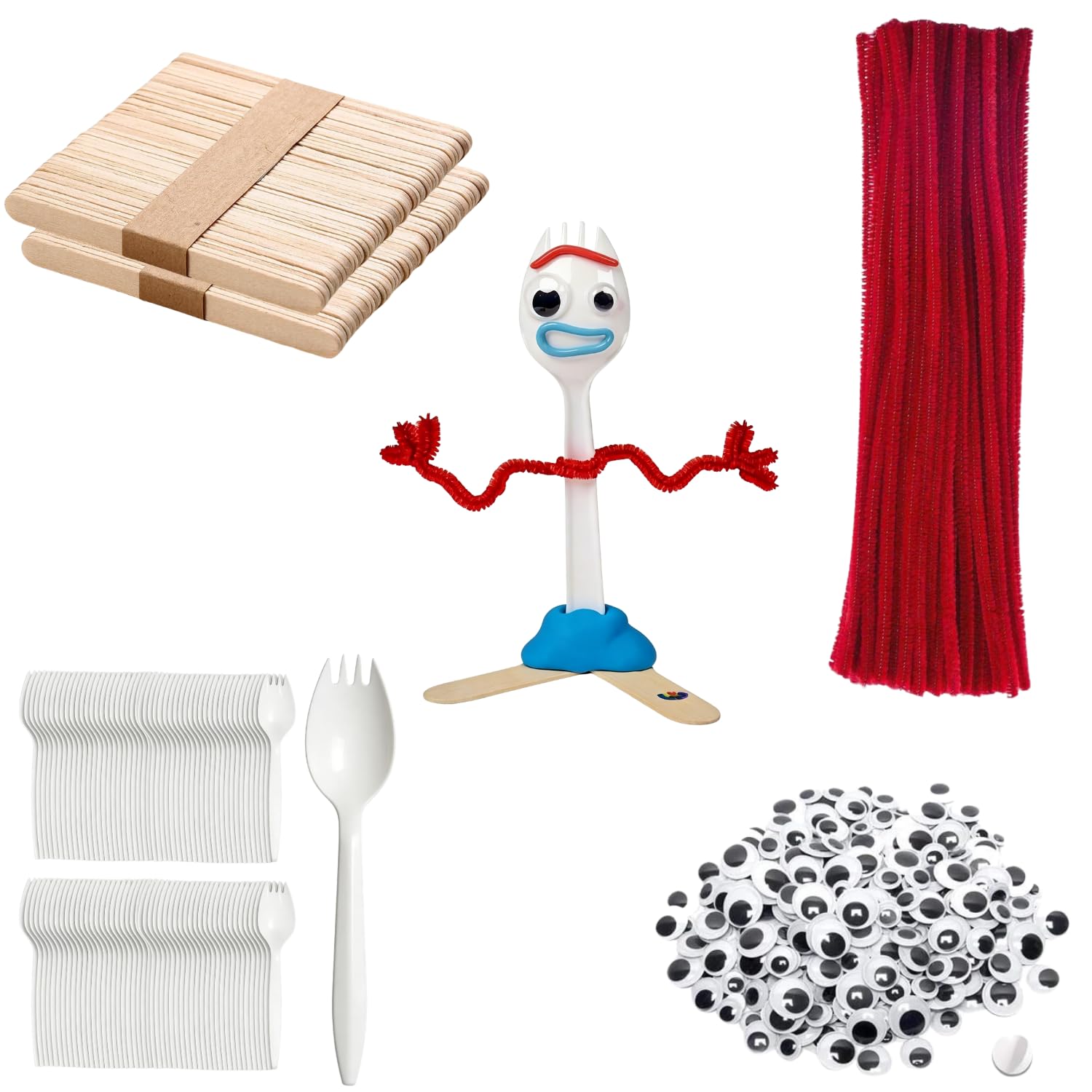 Photo 1 of Fork Creativity Set, 100 Sets Forky DIY Creative Crafts Pack Plastic Sporks Red Pipe Cleaners Googly Eyes Popsicle Stick