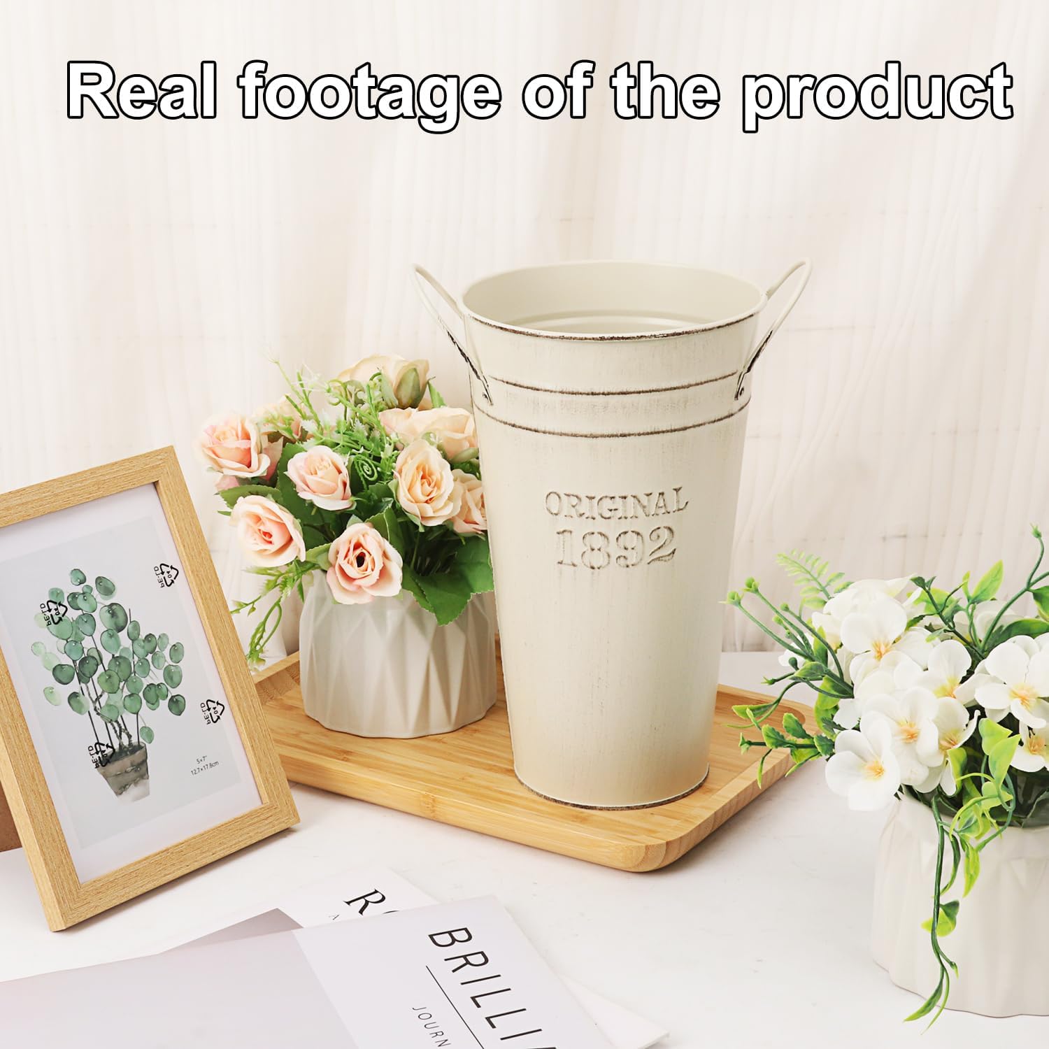 6 Packs 10 Inch Galvanized Metal Flower Vases with Handles, Rustic French Metal Flower Buckets for Cut Flowers, Country Wedding, Table Centerpiece Decorations(Milky White)