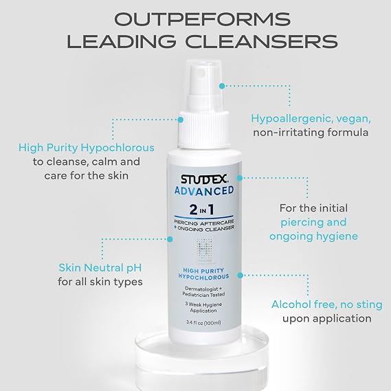Studex Advanced 2-in-1 Piercing Aftercare & Cleanser Hypochlorous Spray for Body and Ear Piercing, Hypoallergenic Formula for Sensitive Skin (3.4oz)