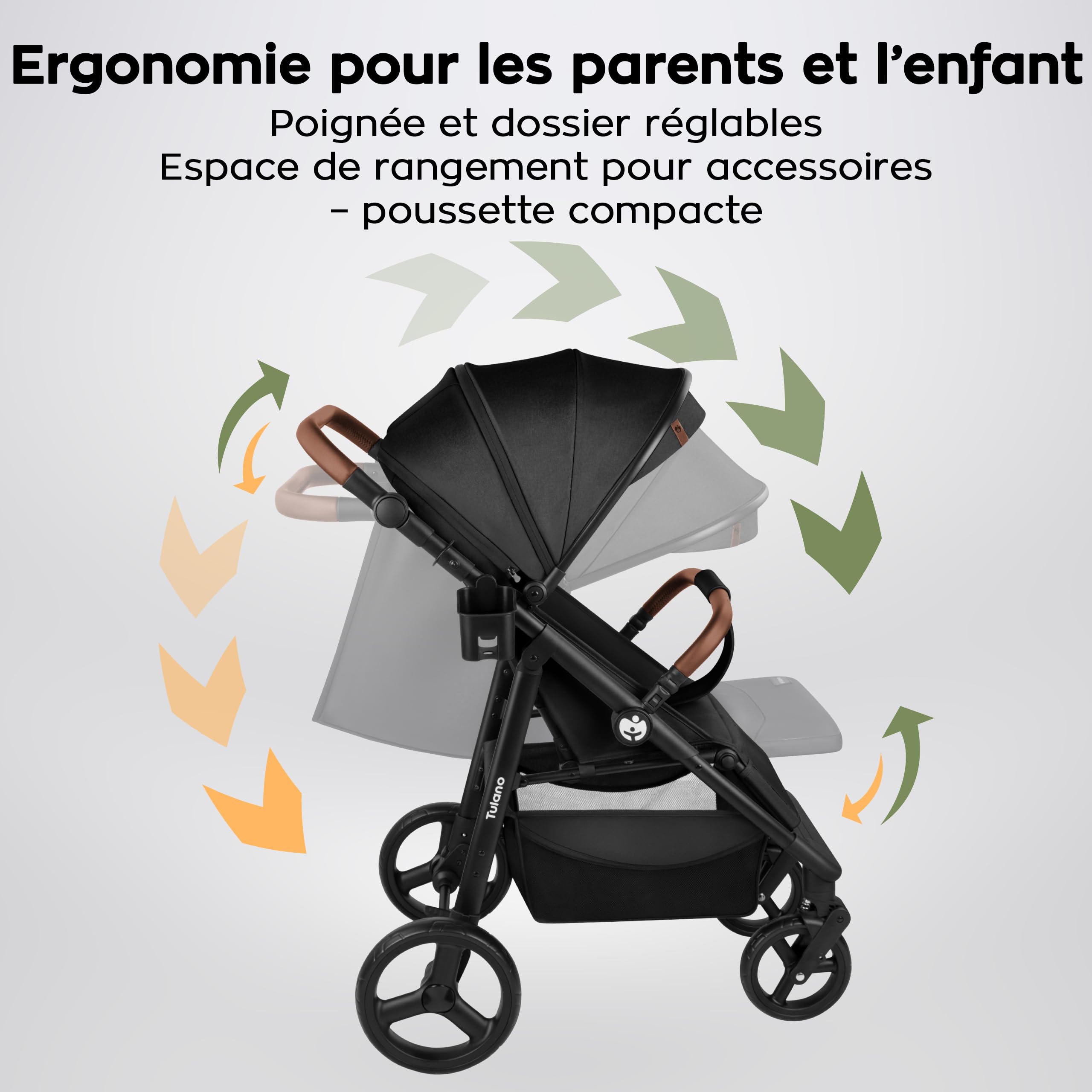 TULANO AVIGNON 35 Poussette Canne & compacte - poussette bebe & voyage & citadine - Dossier inclinable, Repose-Pieds et Guidon Réglables - Jusqu'à 22 kg (3 ans) - Noir