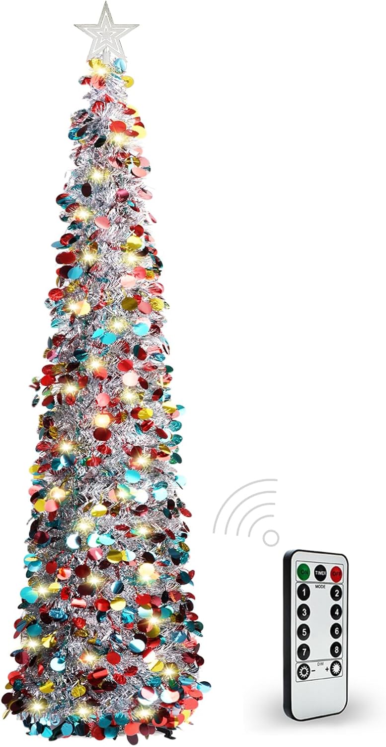 HISFFOG 5FT Pop Up Christmas Tinsel Tree with 8 Rmote Lights Modes