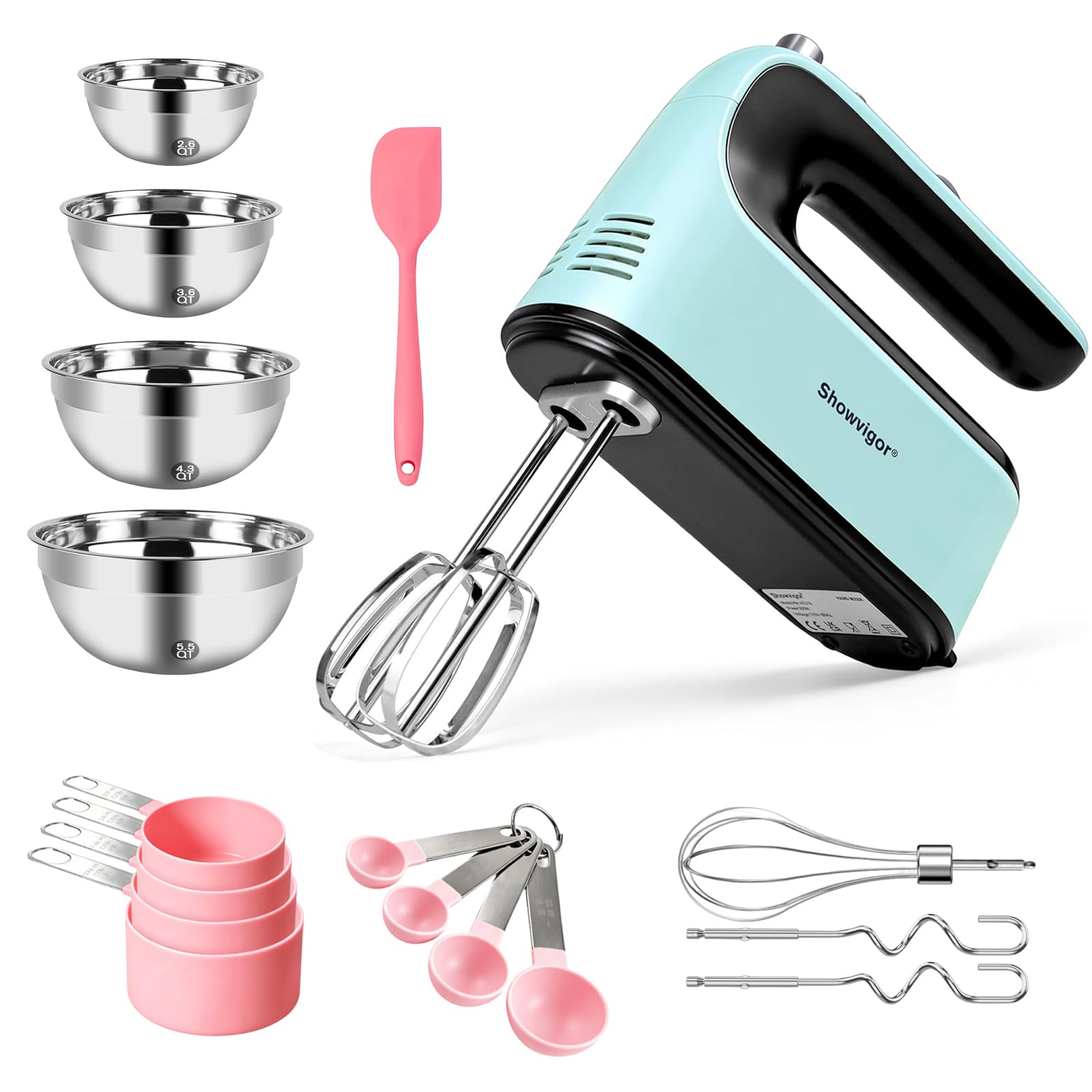 300W Electric Hand Mixer Baking Set, 4 Stainless Steel Mixing Bowls, Measuring Cups & Spoons, Silicone Spatula, 5 Speed Handheld Mixer for Baking, Mixing, Whisking Eggs & Cream (Blue Set)