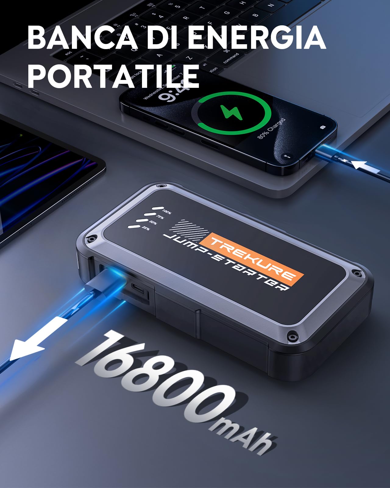 TREKURE Avviatore Batteria Auto 5000A 16800mAh, Avviatore di Emergenza per Auto per Motori 9.0L Benzina e 8.5L Diesel, Portatile 12V Booster Avviamento con Torcia, Cavo di Avviamento, Ricarica USB