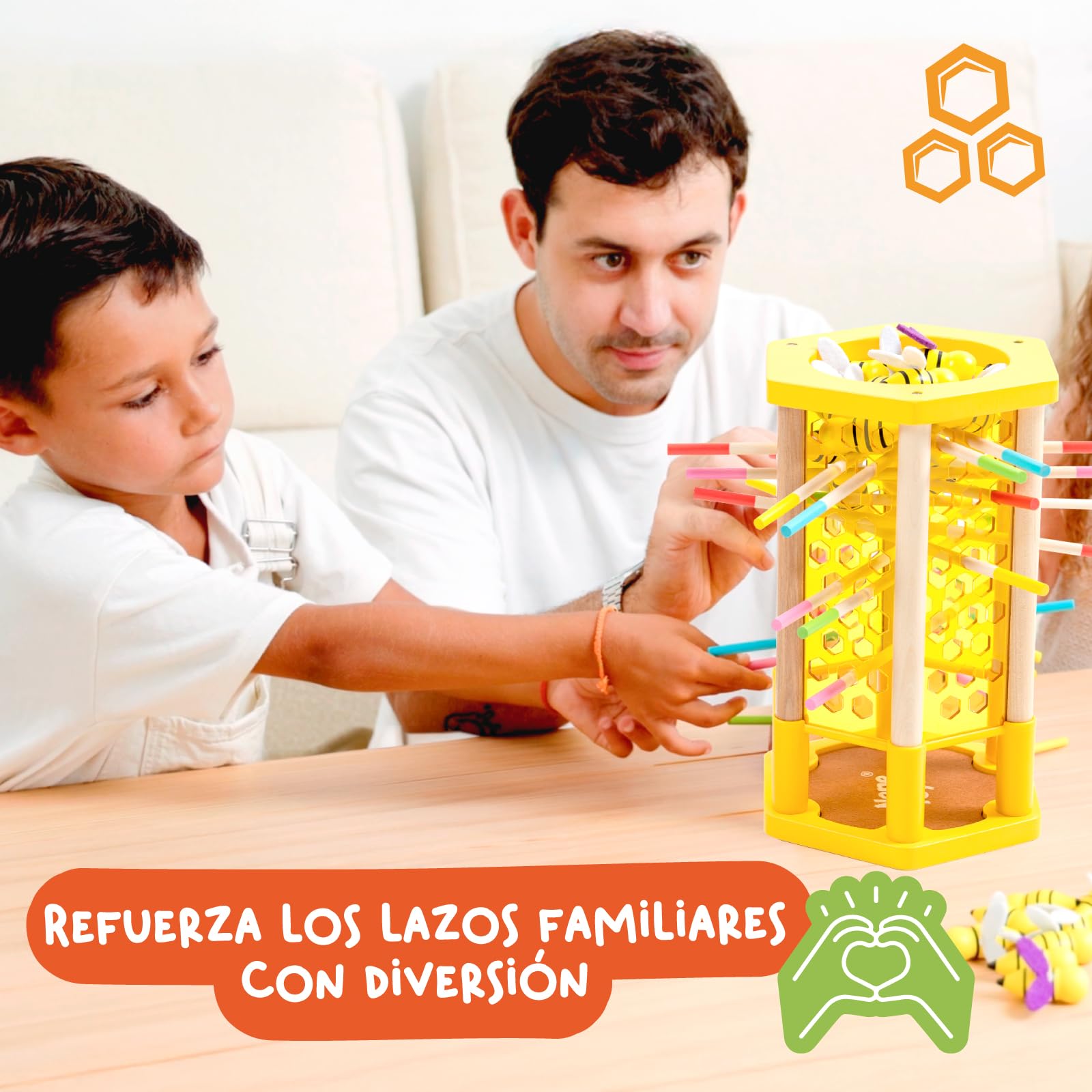 Nene Toys BEEFALL, Juego Montessori 4-en-1 para Niños 3-9 Años - Juguete Educativo de Madera con Colmena, 12 Abejas, Palitos de Colores, Dados y Cartas - Juego Familiar para el Desarrollo Cognitivo