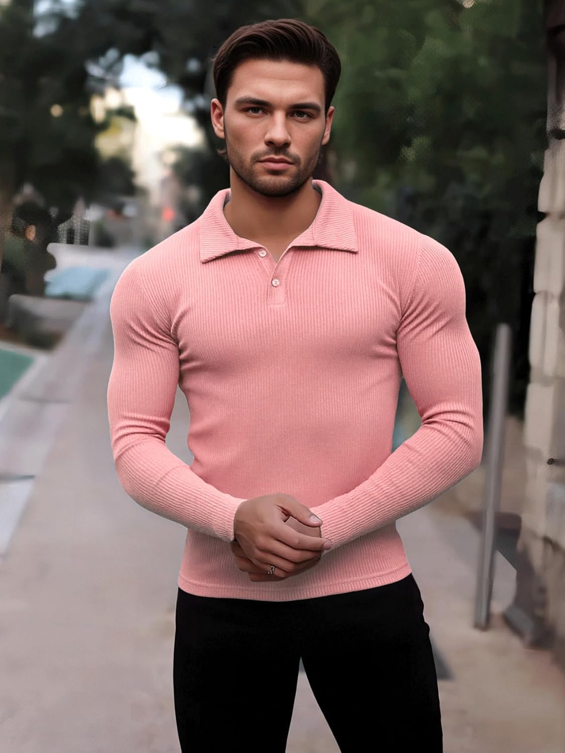 Men's Muscle Slim Fit Polo Shirts Long&Short Sleeve Stretch T-Shirts Casual Stylish Tee for Golf Workout