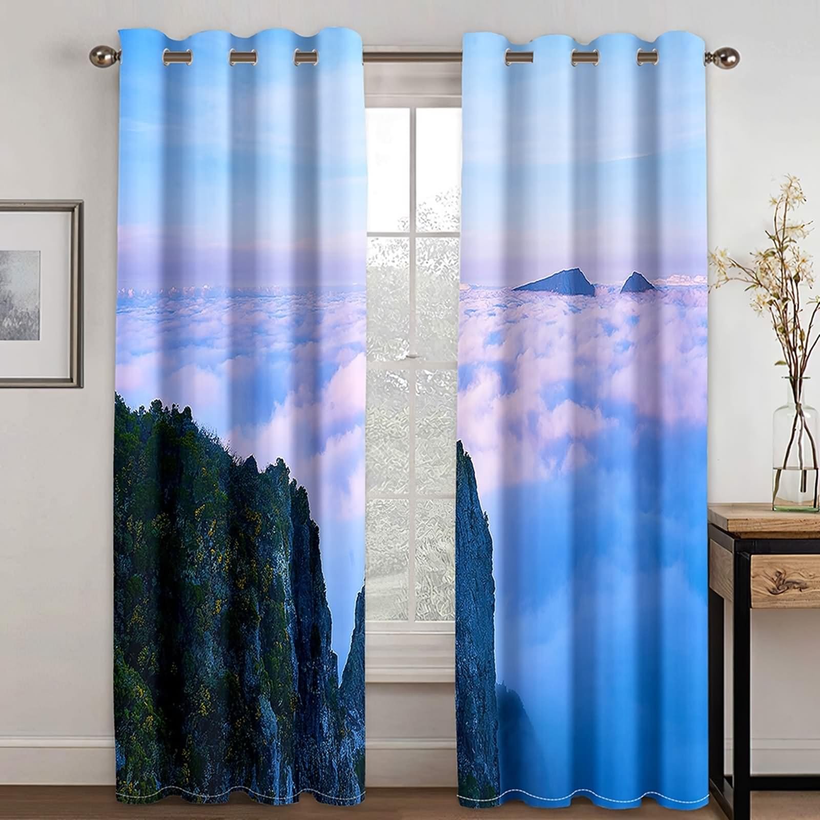 Rideaux Fenetre Occultant, Rideau Chambre Adulte Boheme Noir Blanc Gris Ciel, Nuages et Montagnes Polyester Lot de 2 204x214cm