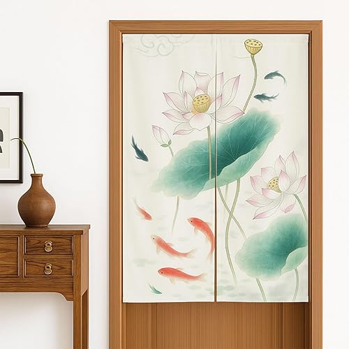 Lotus Noren - Cortina de puerta asiática, cortina de puerta japonesa, cortina de puerta de lino de algodón, tapiz para cocina, bistró, sombreado,