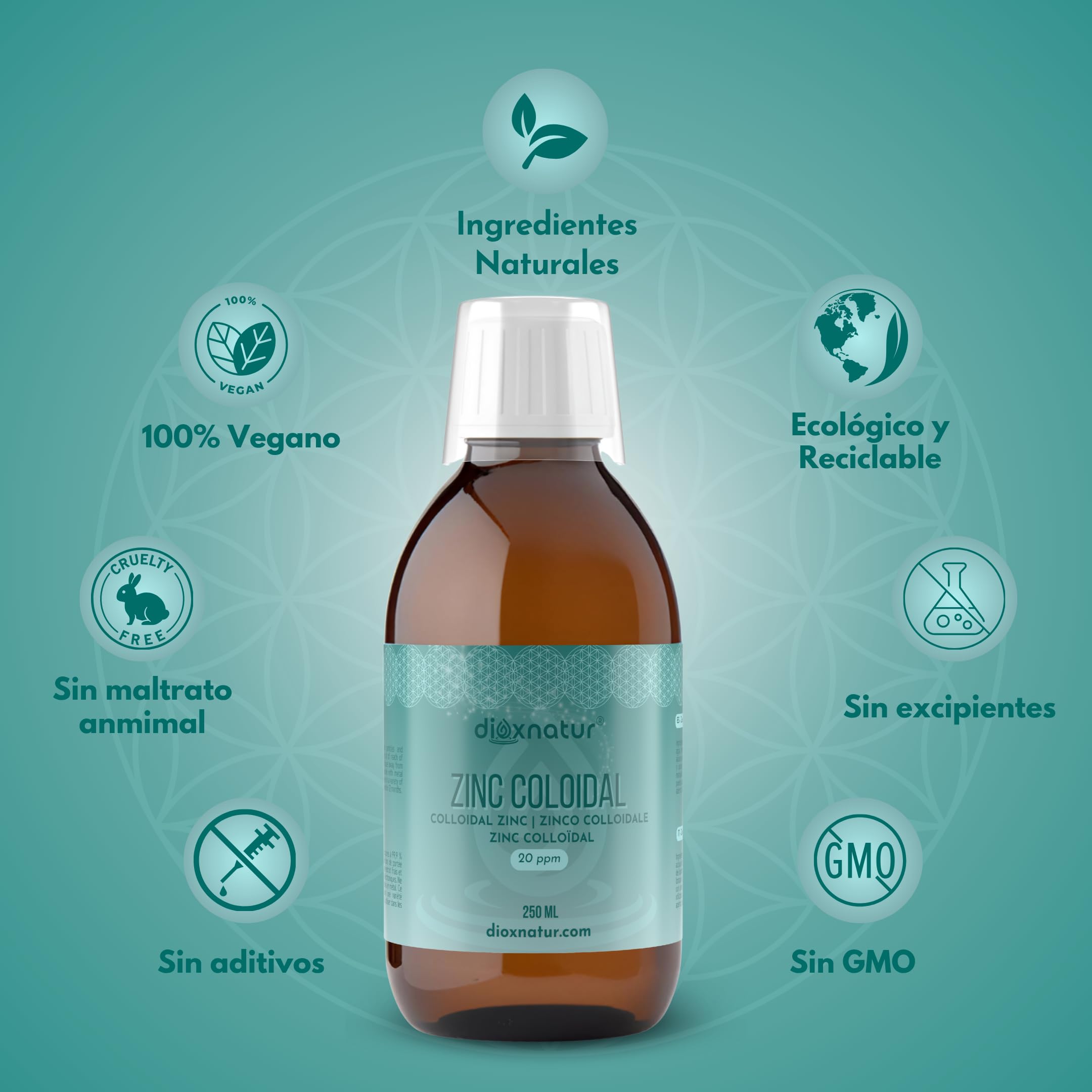 Zinc Coloidal 250ml 20 ppm - Zinc líquido - Envase vidrio ambar - Vaso medidor incluido