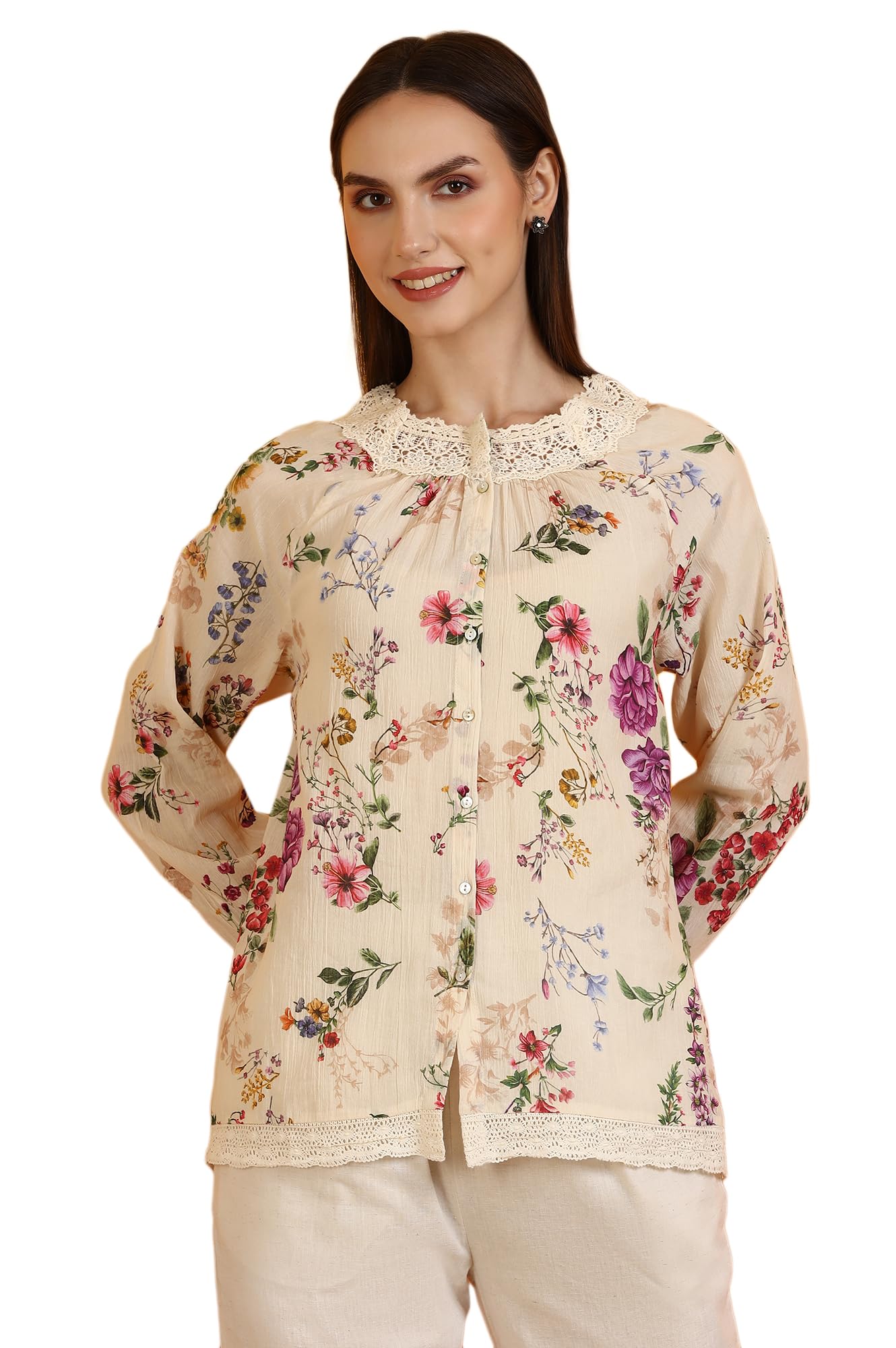 W for Woman Top in cotone con stampa floreale e pizzo