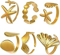 Jansun 6PCS 18K Gold Plated Seashell Stackable Rings for Women - Beachy Starfish Ginkgo Summer Jewelry Set