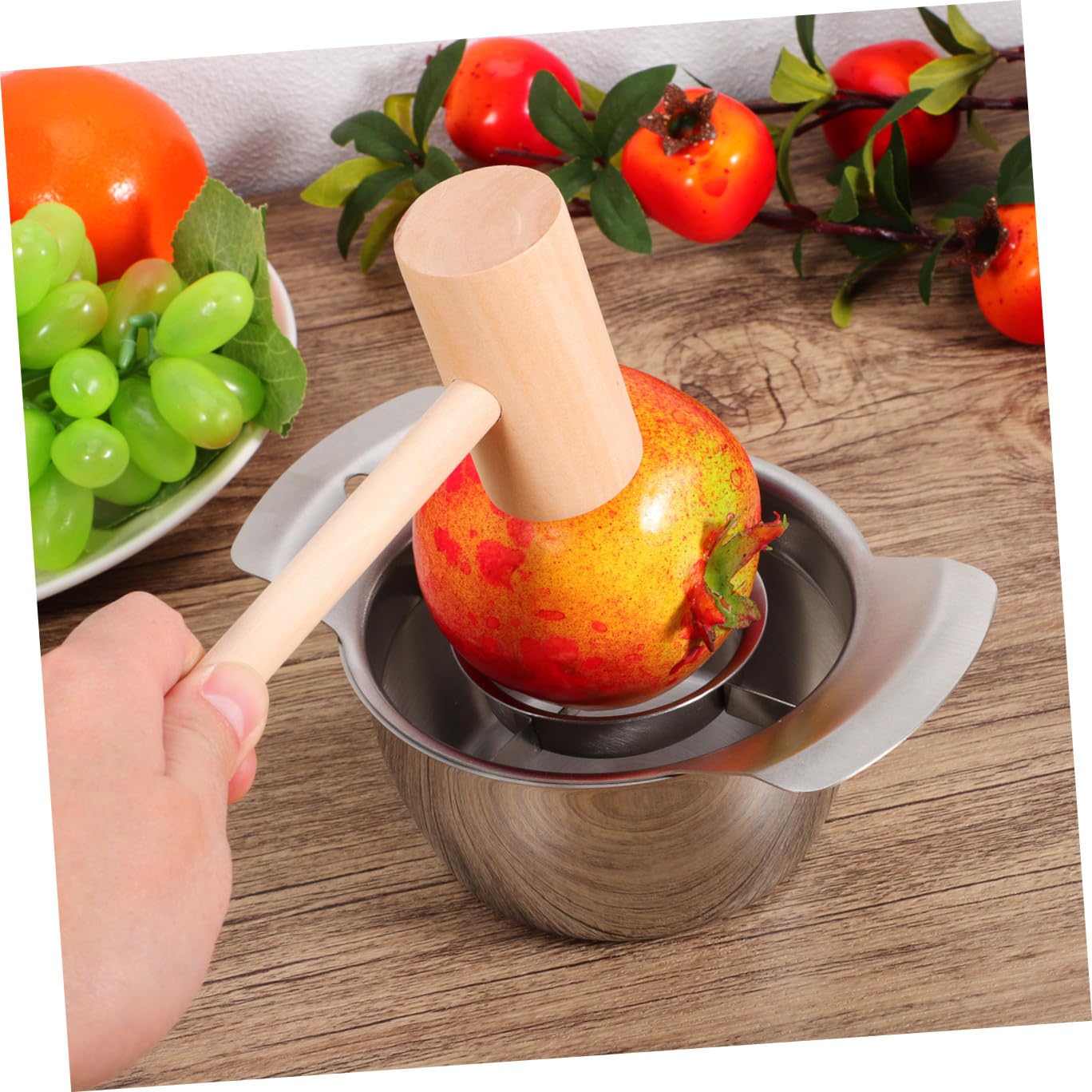 Peladora Granadas Acero Inoxidable con Cuenco y Martillo de Madera Utensilios Cocina para Desgranadora Granada Herramienta para Pelar Frutas Fácil Limpiar