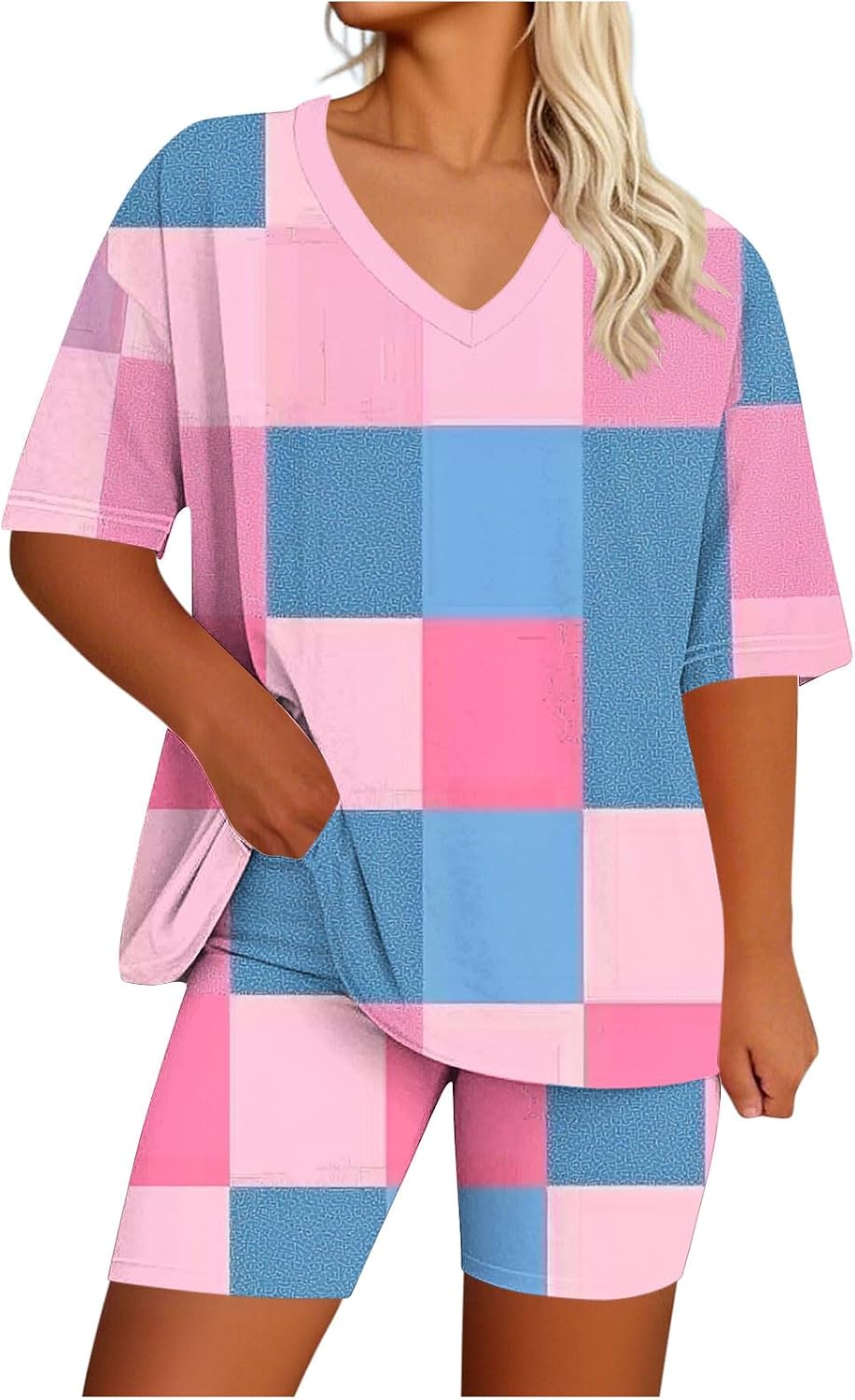 Women's Plus Size 2 Piece Outfits, V Neck Short Sleeve Tshirt with Shorts Sweatsuit Summer Lounge Matching Sets