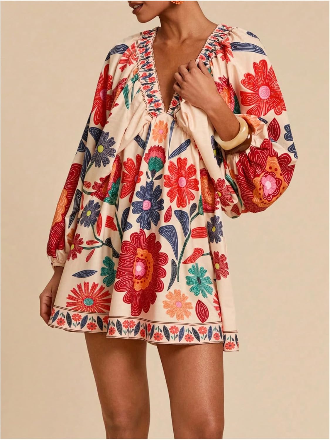 WDIRARA Women's Boho Floral V Neck Short Dress Lantern Sleeve Tie Back Flowy Tropical Dresses