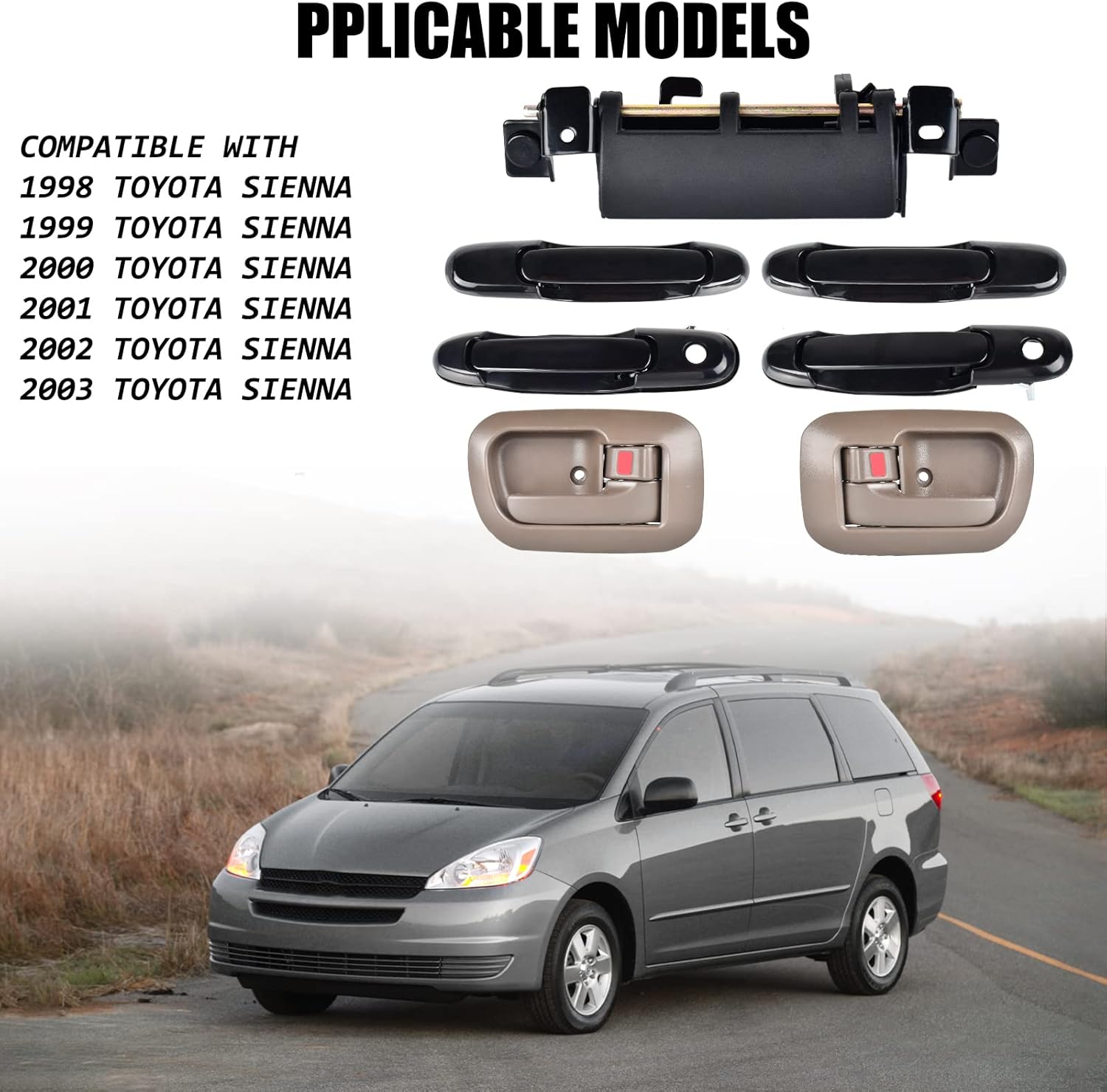 7PCS Door Handle Kit for Toyota Sienna 1998-2003, Front Rear Left Driver/Right Passenger Side Exterior Interior Door Handles & Tailgate Handle, Replace# 80850 80357 80359 80533 80504 79600