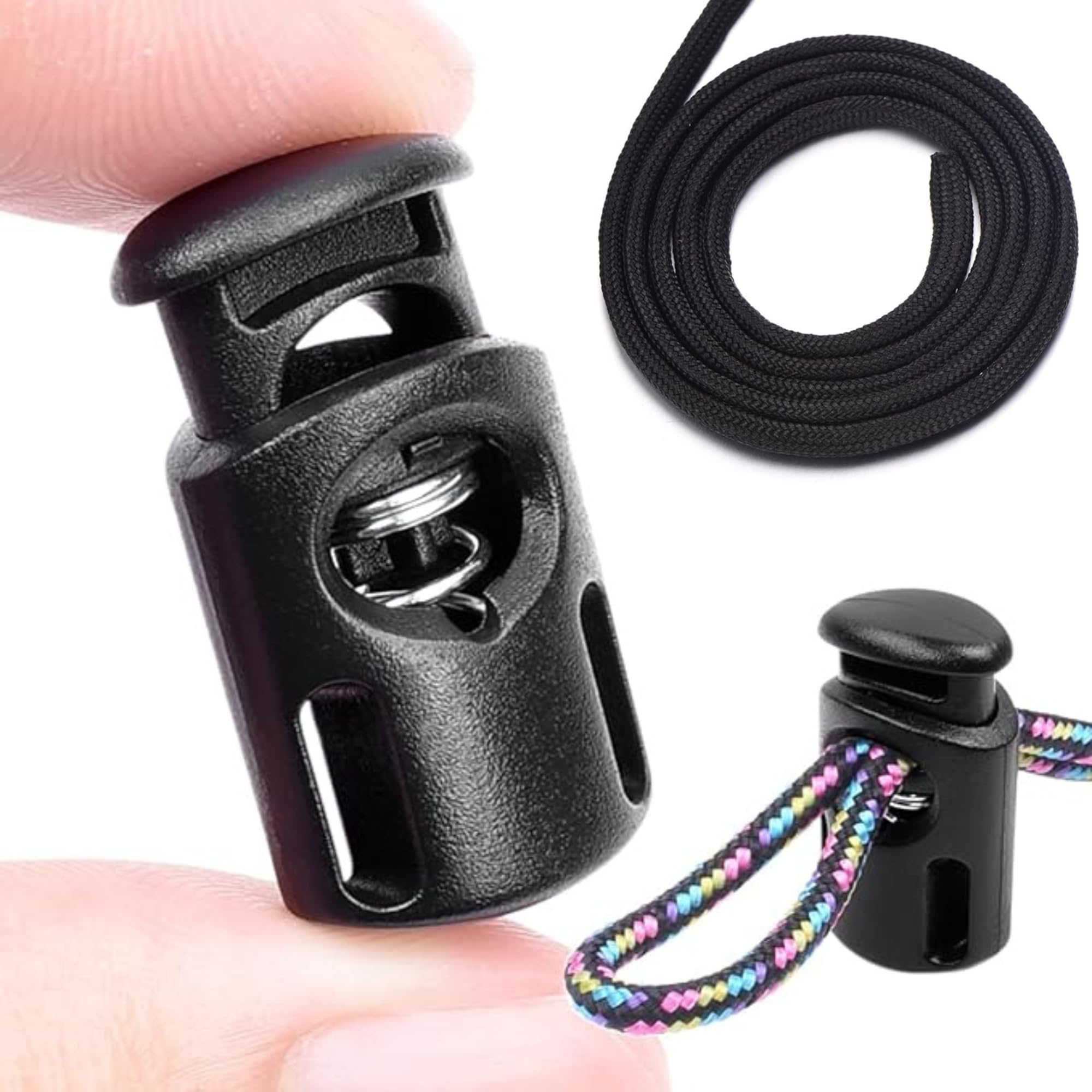12 PCS Plastic Spring Cord Locks + 5 Meter Cord Drawstring, Paracord Toggle Stopper Clasp Elastic Shoelaces, Clothing, Backpack, Bags (Black)