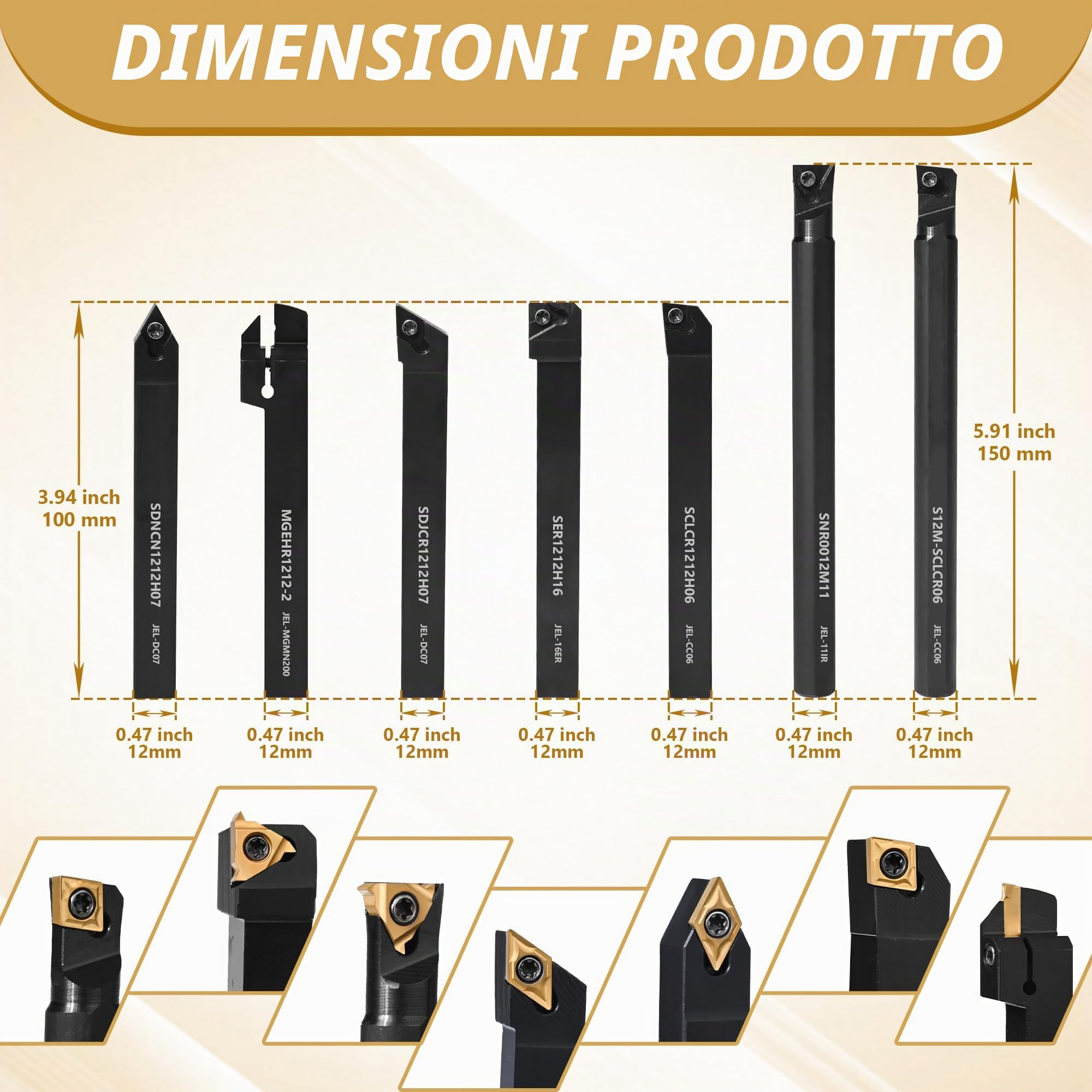 VerRich Kit di 28 utensili per tornitura indicizzabili, gambo da 1/2 "12 mm, barra di alesatura in metallo con 21 inserti in carburo per alesatura, taglio, scanalatura, tornitura filettatura