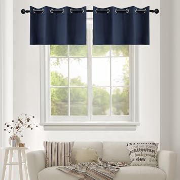 YGO Thermal Insulated Blackout Kitchen Valances Energy Efficient Grommet Top Valance Drapes for Small Window Navy Double Panels W52 x L18 Inch