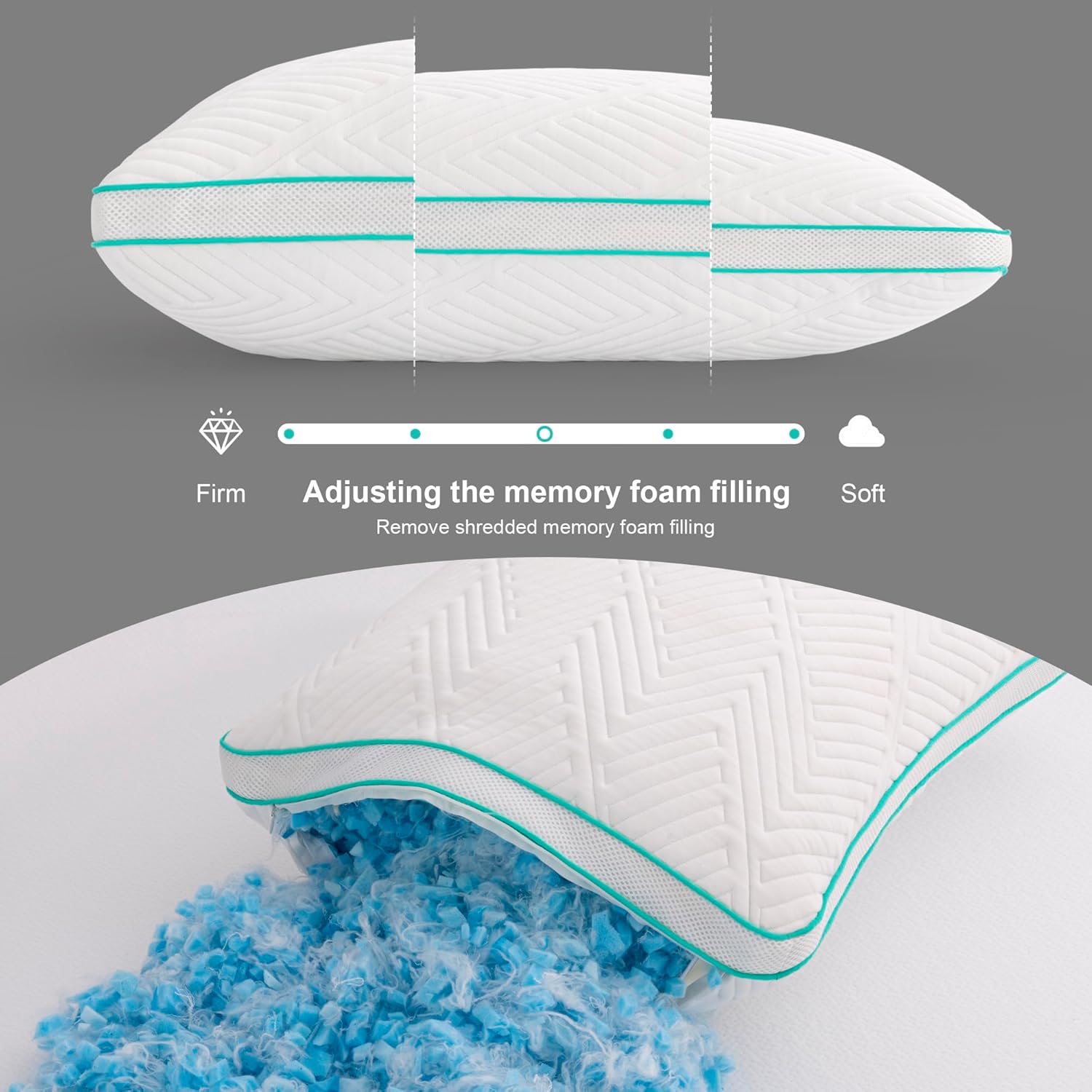 Pillows 2 Pack, Shredded Memory Foam Pillow, Hypoallergenic Hotel Bed Pillows for Comfortable Sleeping, Machine Washable, Standard Size (51x66cm)