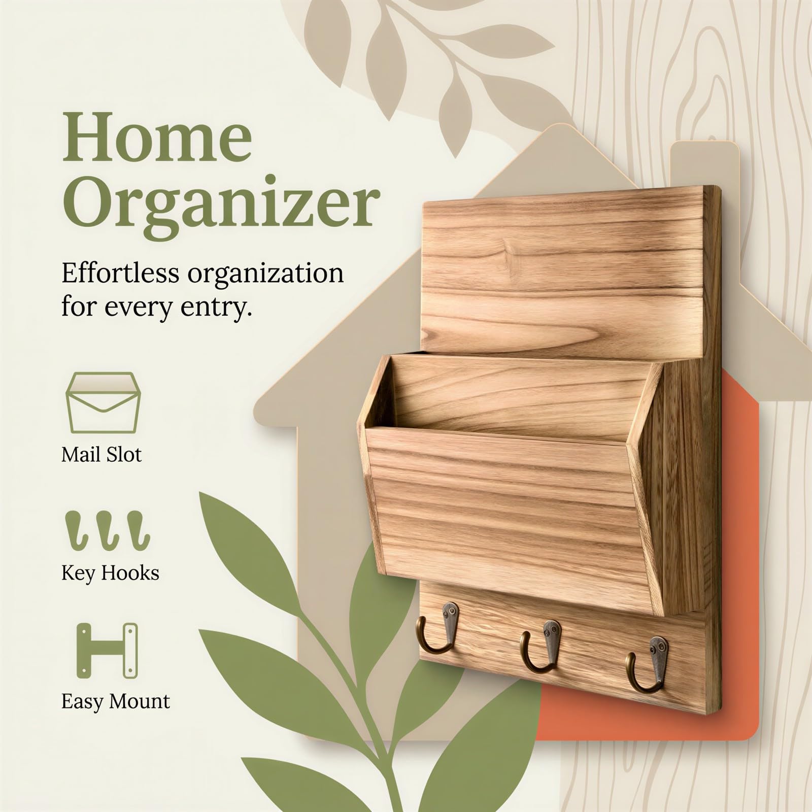 Organiseur mural pour courrier et porte-clés, support en bois rustique avec 3 crochets, rangement vertical décoratif avec fente à lettres pour entrée, cuisine, bureau, couleur bois