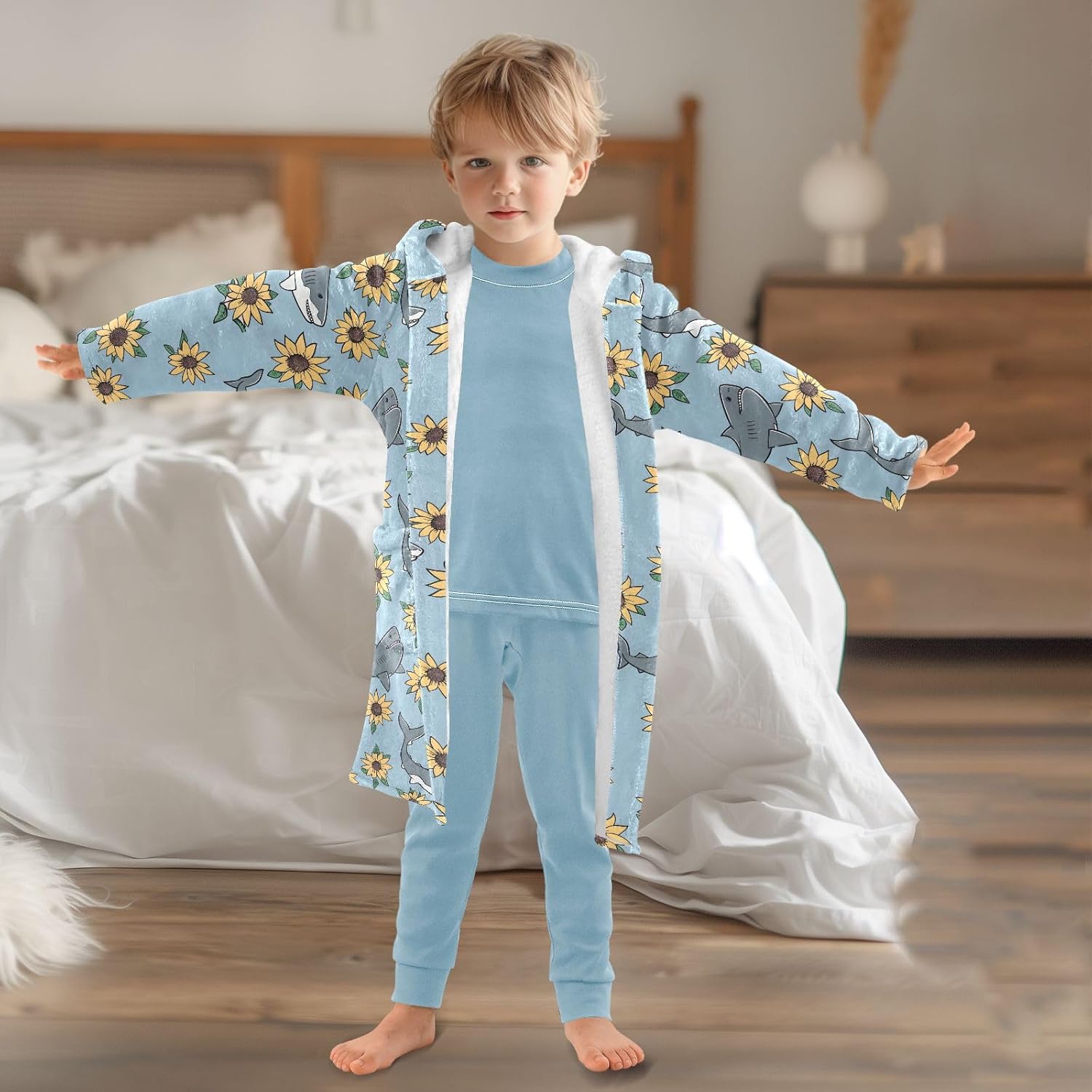 senya Shark and Sunflower Toddler Hooded Bathrobe Kids Soft Plush Bath Towel Robes for Boys Girls 2-12 Years