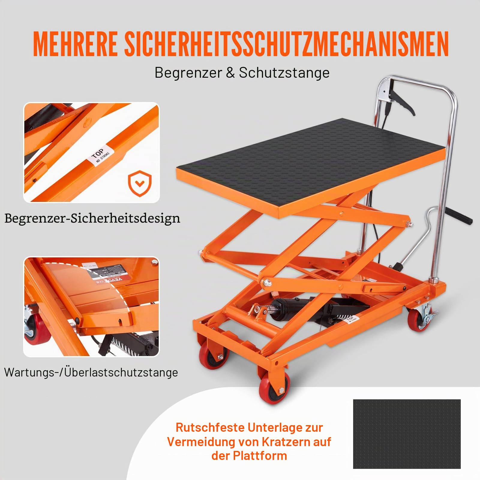 VEVOR TFD15 Hydraulischer Hubwagen Tischwagen, 330 Pfund Kapazität, 127 cm, mit 4 Rädern und rutschfestem Pad, für Materialhandhabung und Transport, Orange